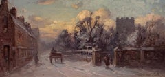 Victorian English Winter Scene Snow Village Church road Signed 19th century oil