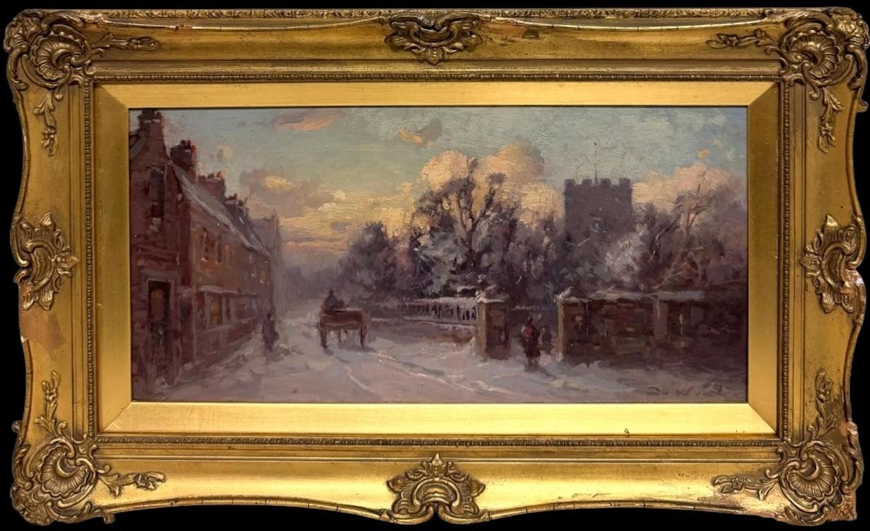 Figurative Painting English, 19th century - Victorian English Winter Scene Snow Village Church road Signed 19th century oil