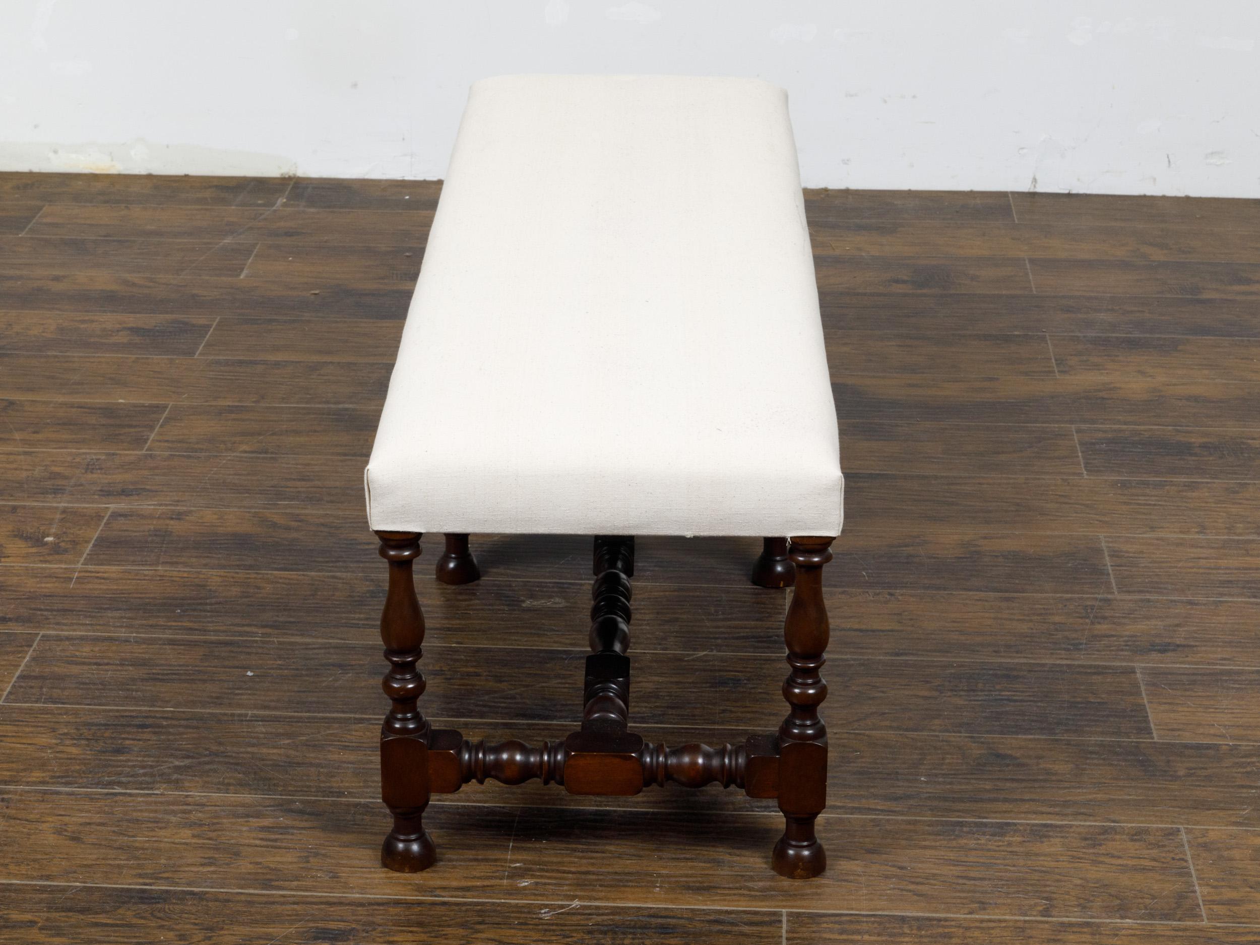English 19th Century 1920s Walnut Bench with Turned Legs and Upholstery In Good Condition For Sale In Atlanta, GA