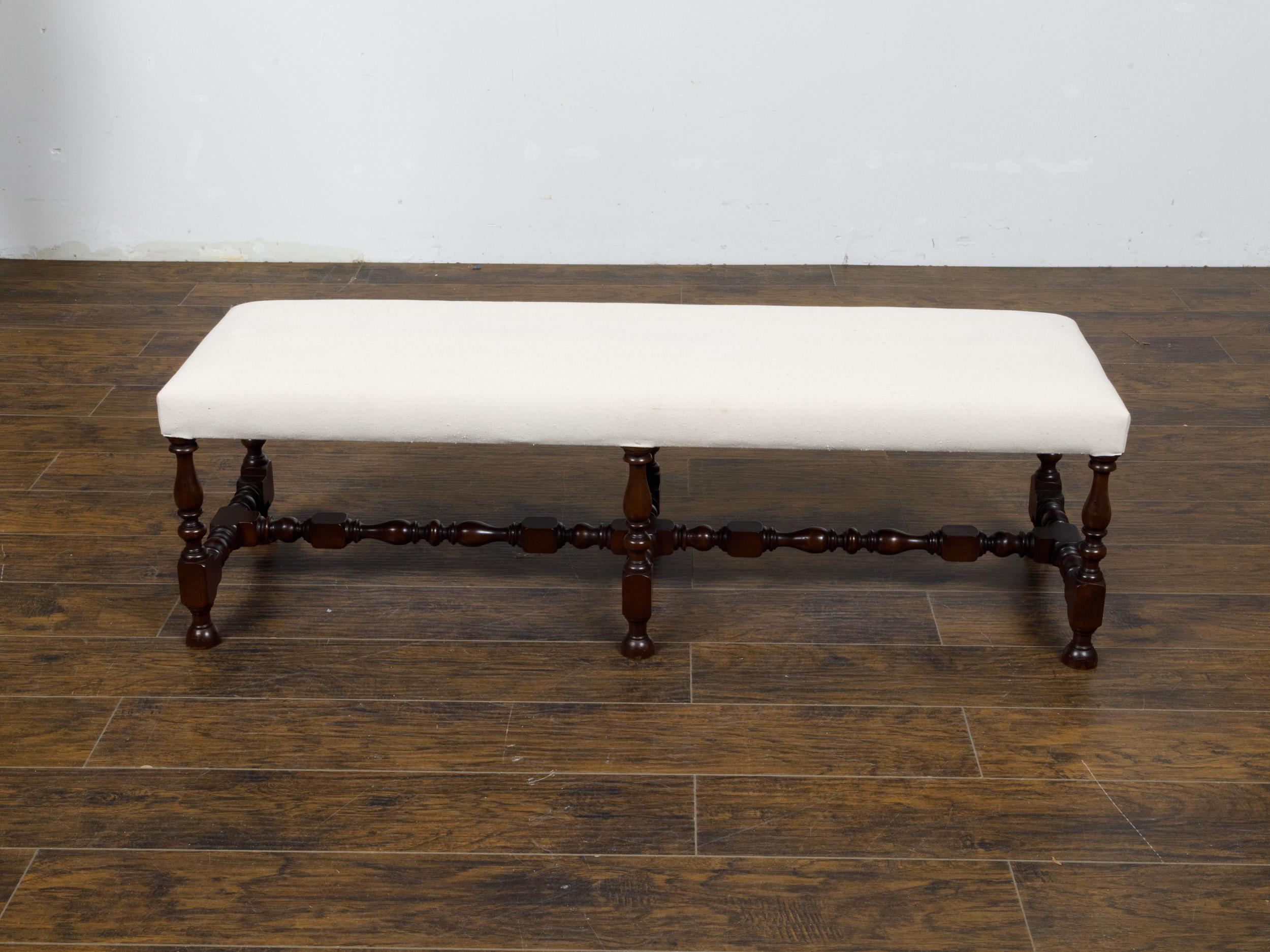 20th Century English 19th Century 1920s Walnut Bench with Turned Legs and Upholstery For Sale