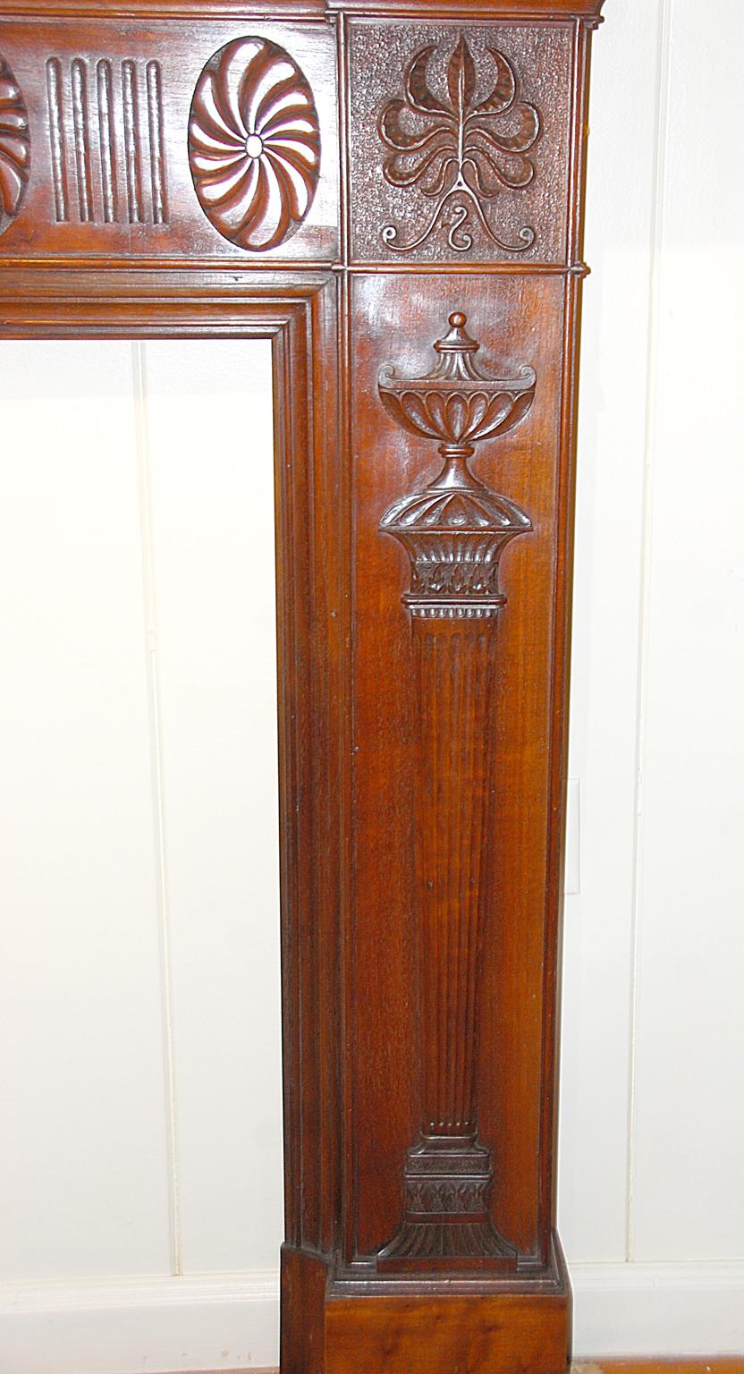 English 19th Century Adam Style Carved Mahogany Fireplace Surround and Mantel For Sale 1