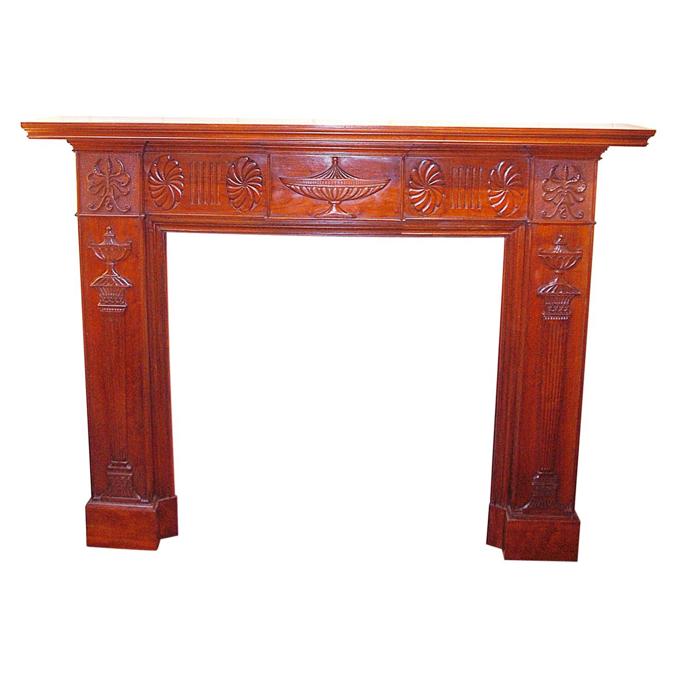 English 19th Century Adam Style Carved Mahogany Fireplace Surround and Mantel For Sale