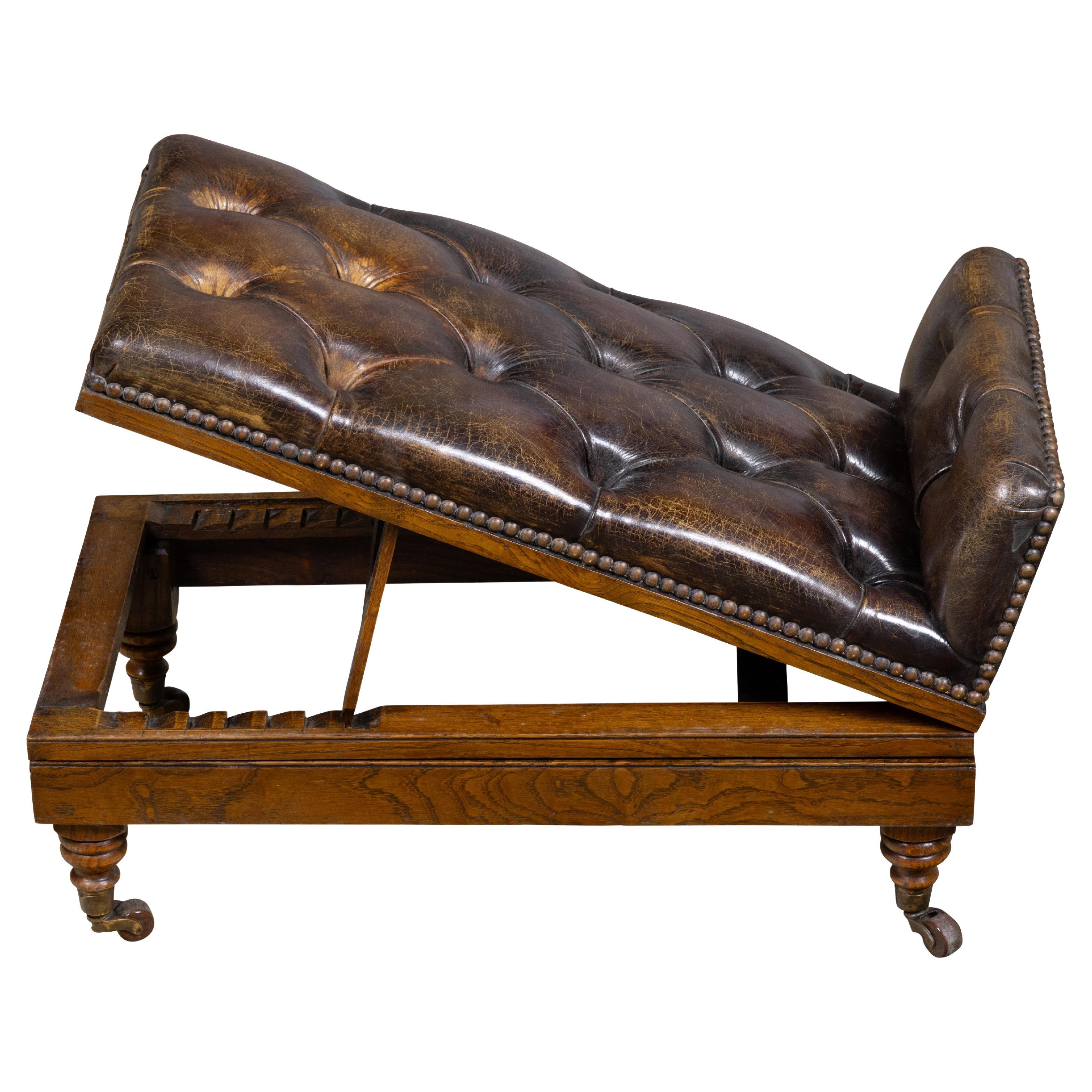 English 19th Century Adjustable Tufted Leather Gout Stool on Casters For Sale