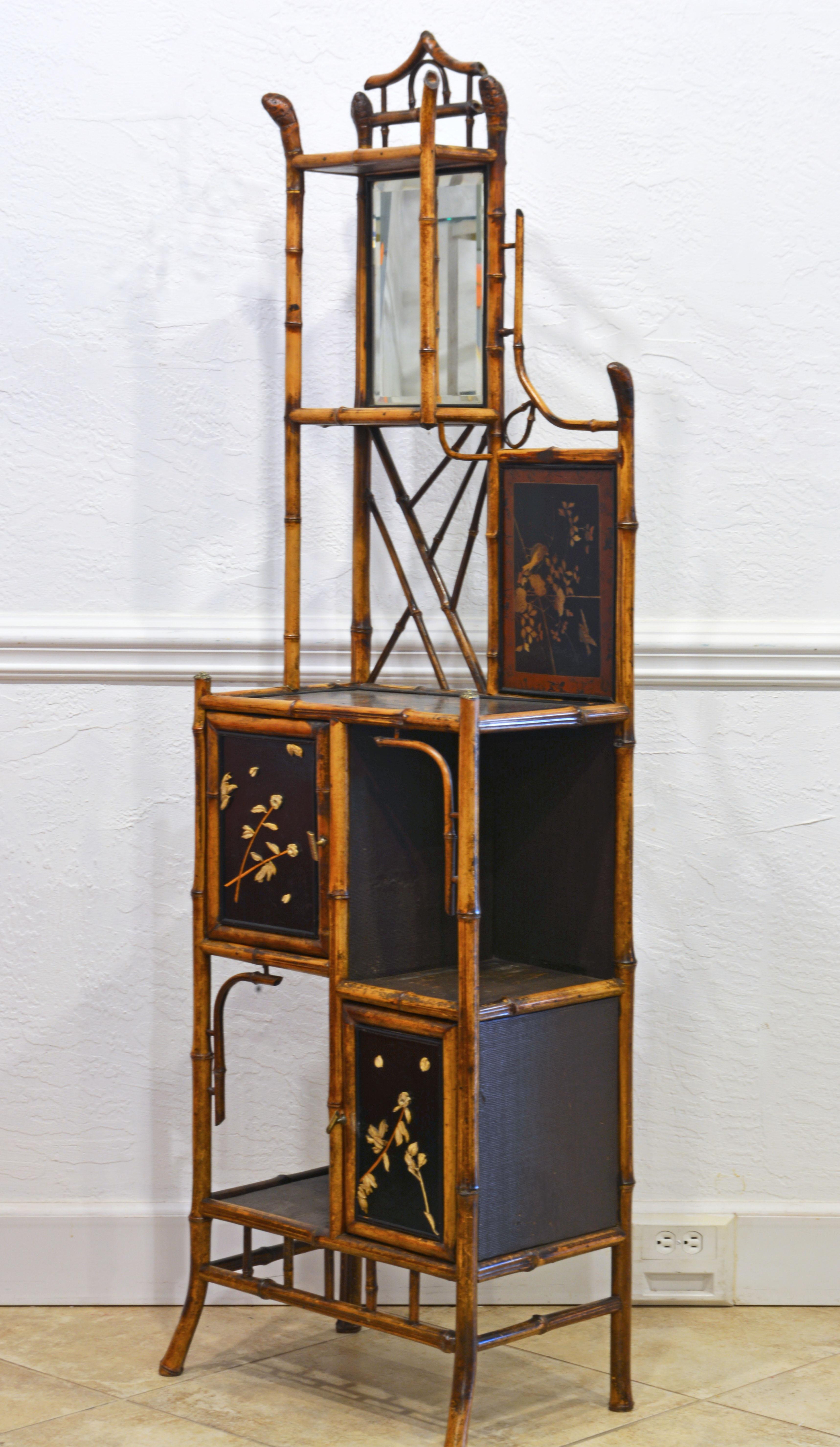 Lacquered English 19th Century Aesthetic Movement Style Bamboo and Lacquer Etagere