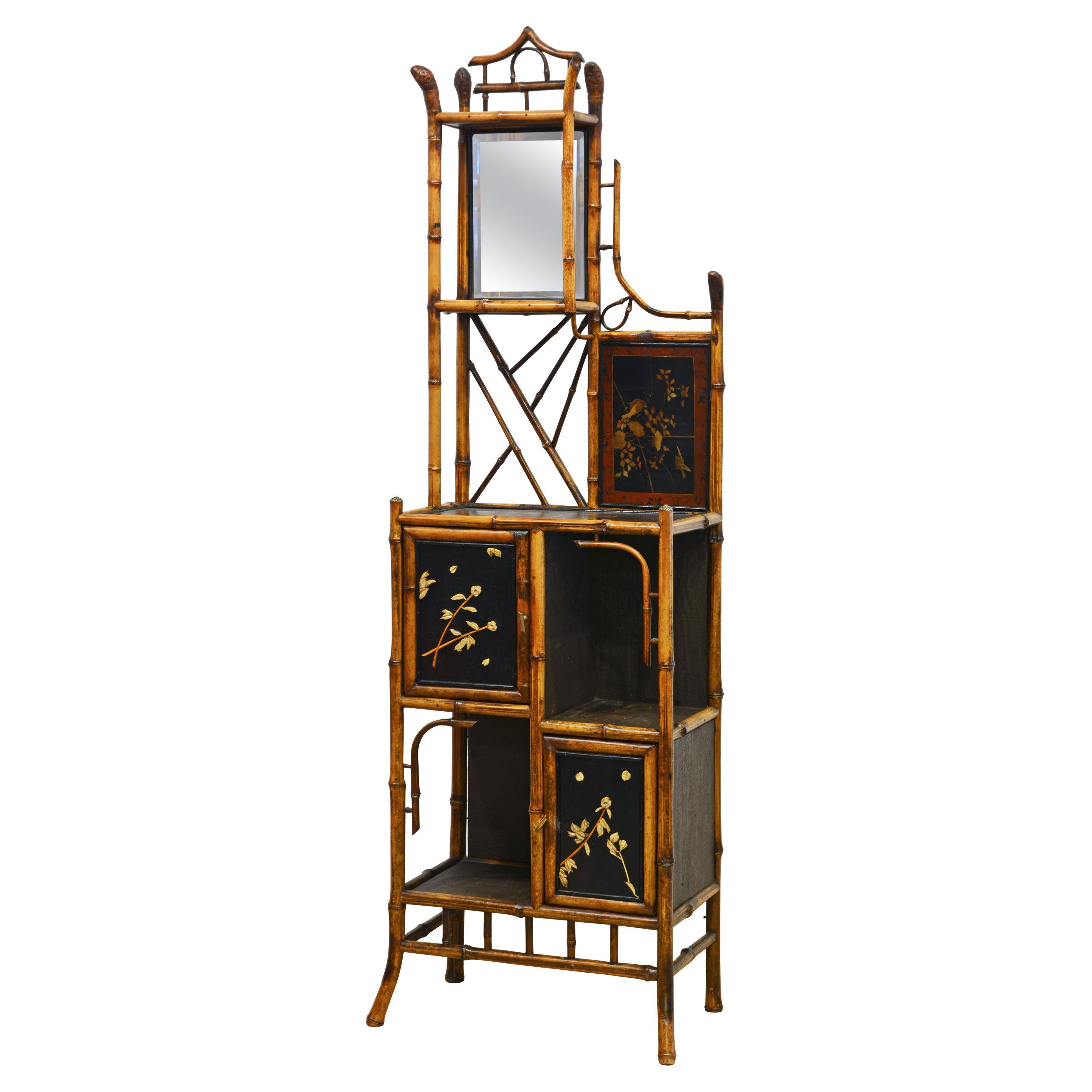English 19th Century Aesthetic Movement Style Bamboo and Lacquer Etagere