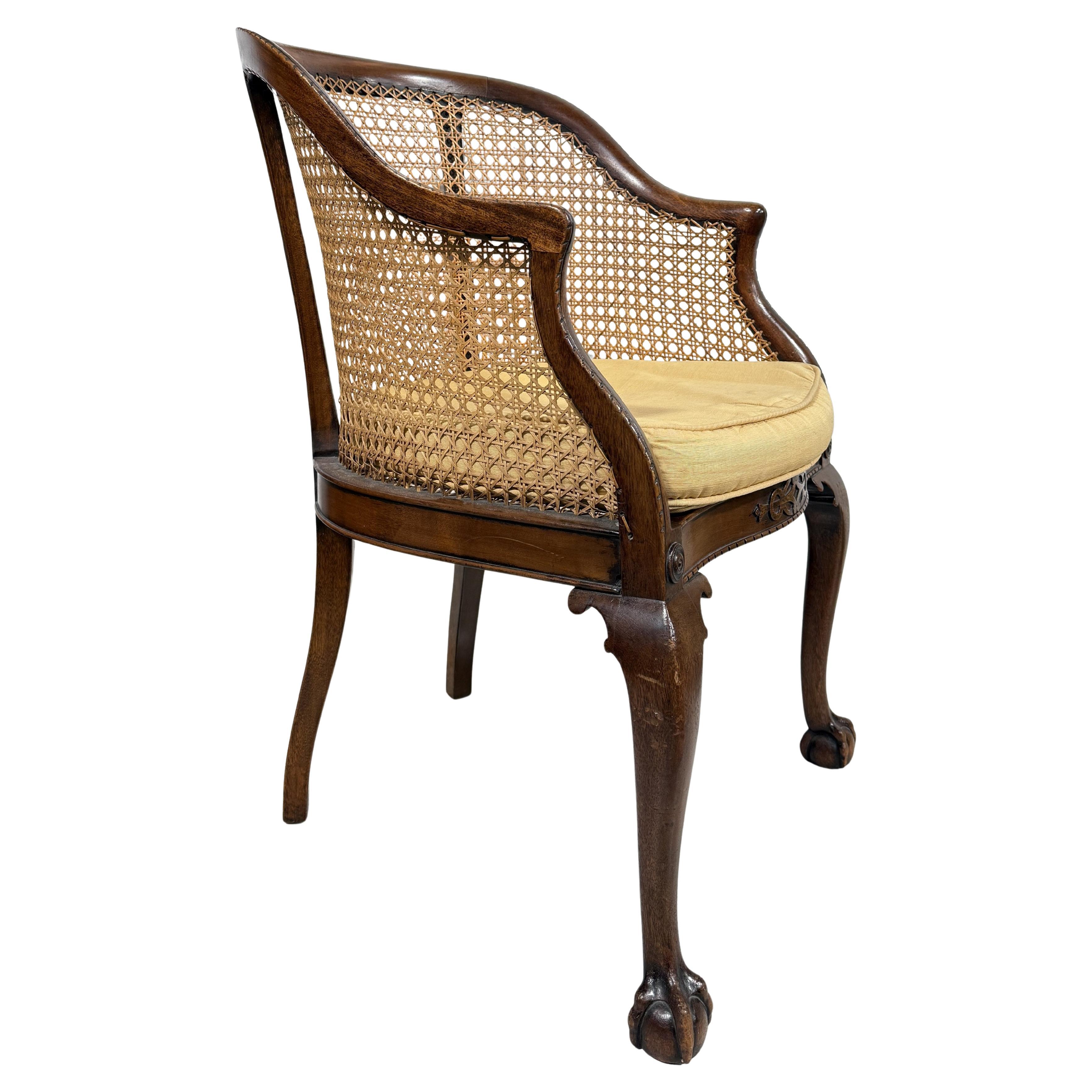 A Thomas Chippendale Design Style English Antique Mahogany Frame Cane Bergere Armchair On Claw & Ball Feet With Squab Cushion

