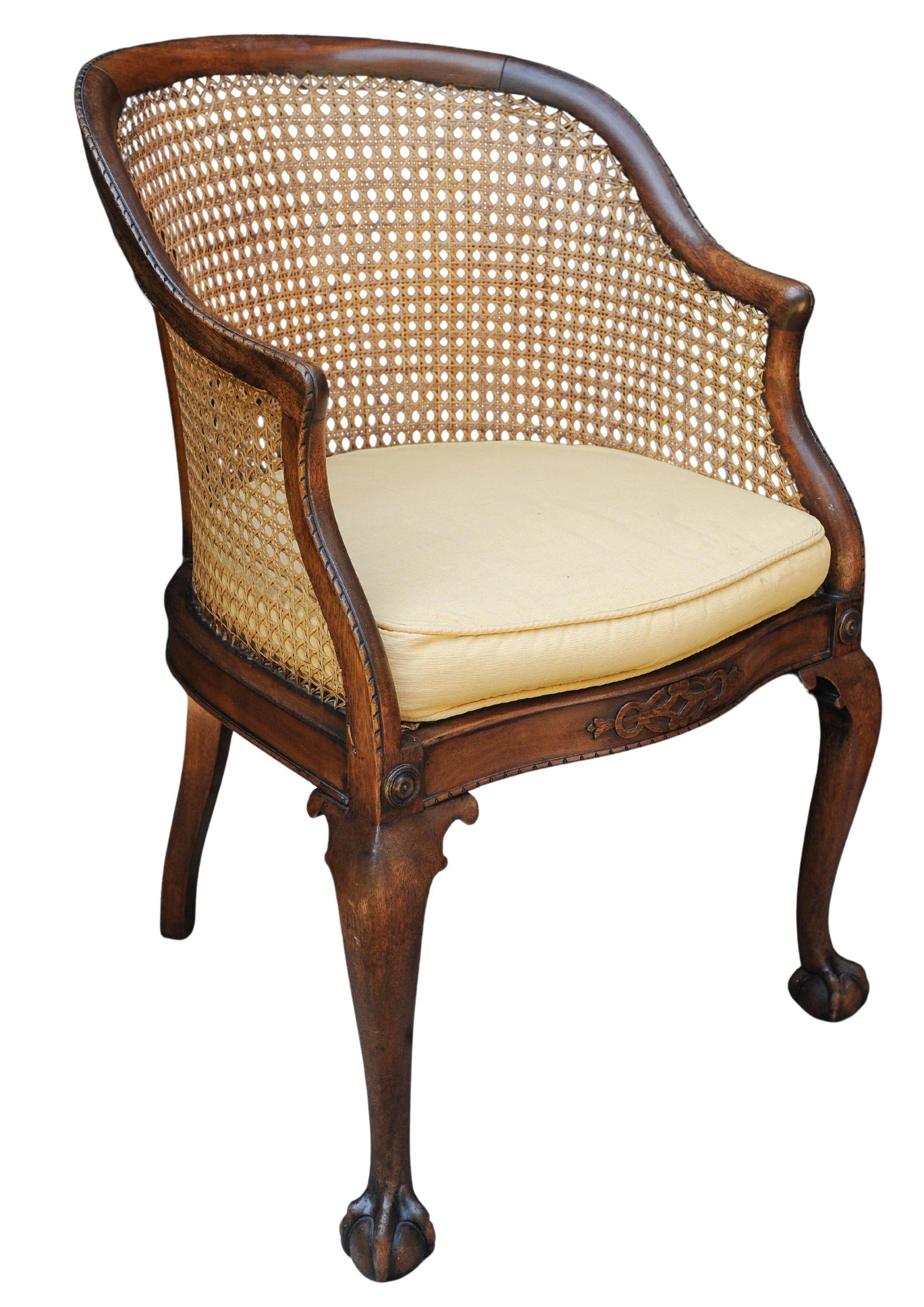 English 19th Century Antique Mahogany Cane Bergere Tub Chair On Claw & Ball Feet (Englisch) im Angebot