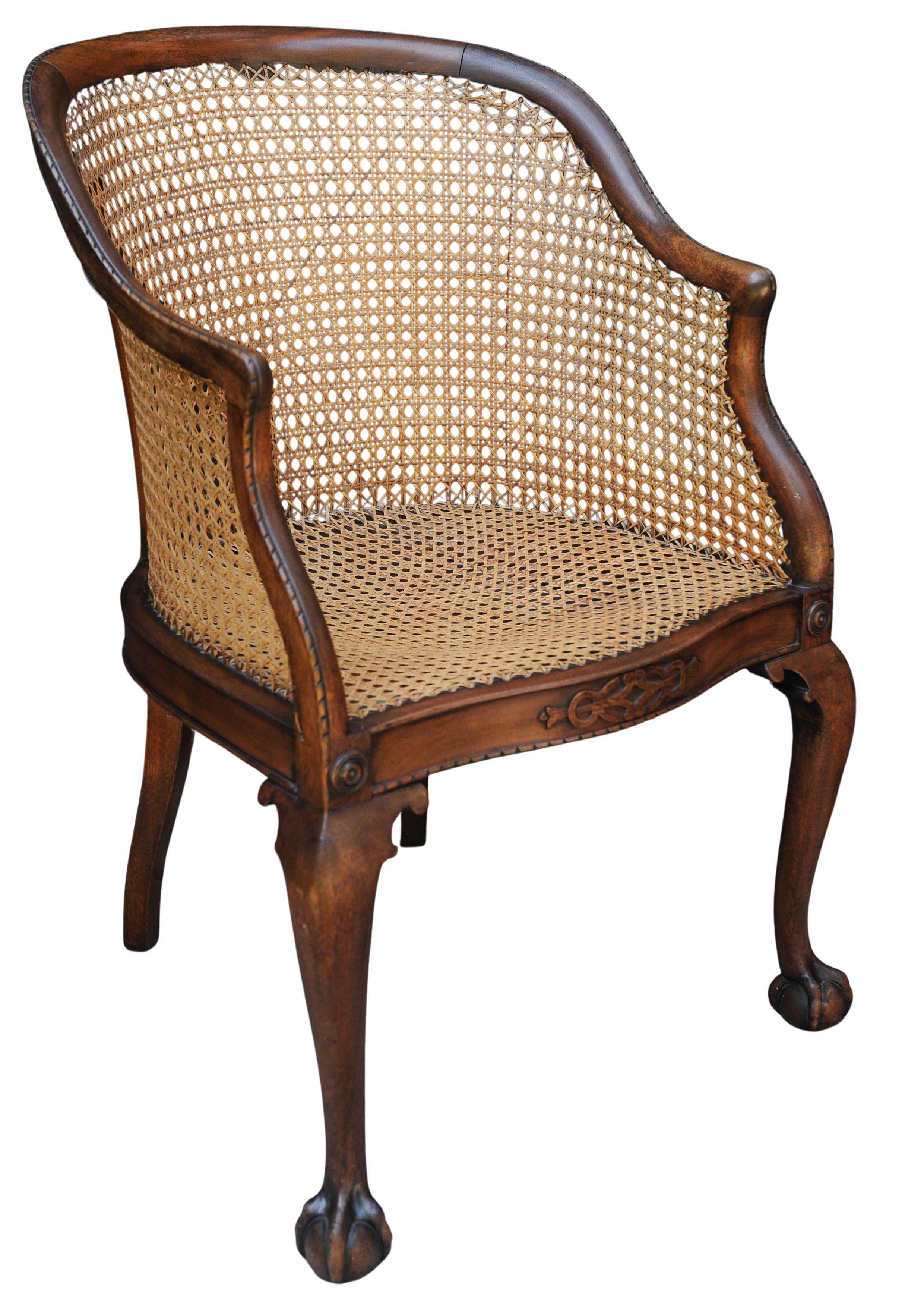 English 19th Century Antique Mahogany Cane Bergere Tub Chair On Claw & Ball Feet (Chinese Chippendale) im Angebot