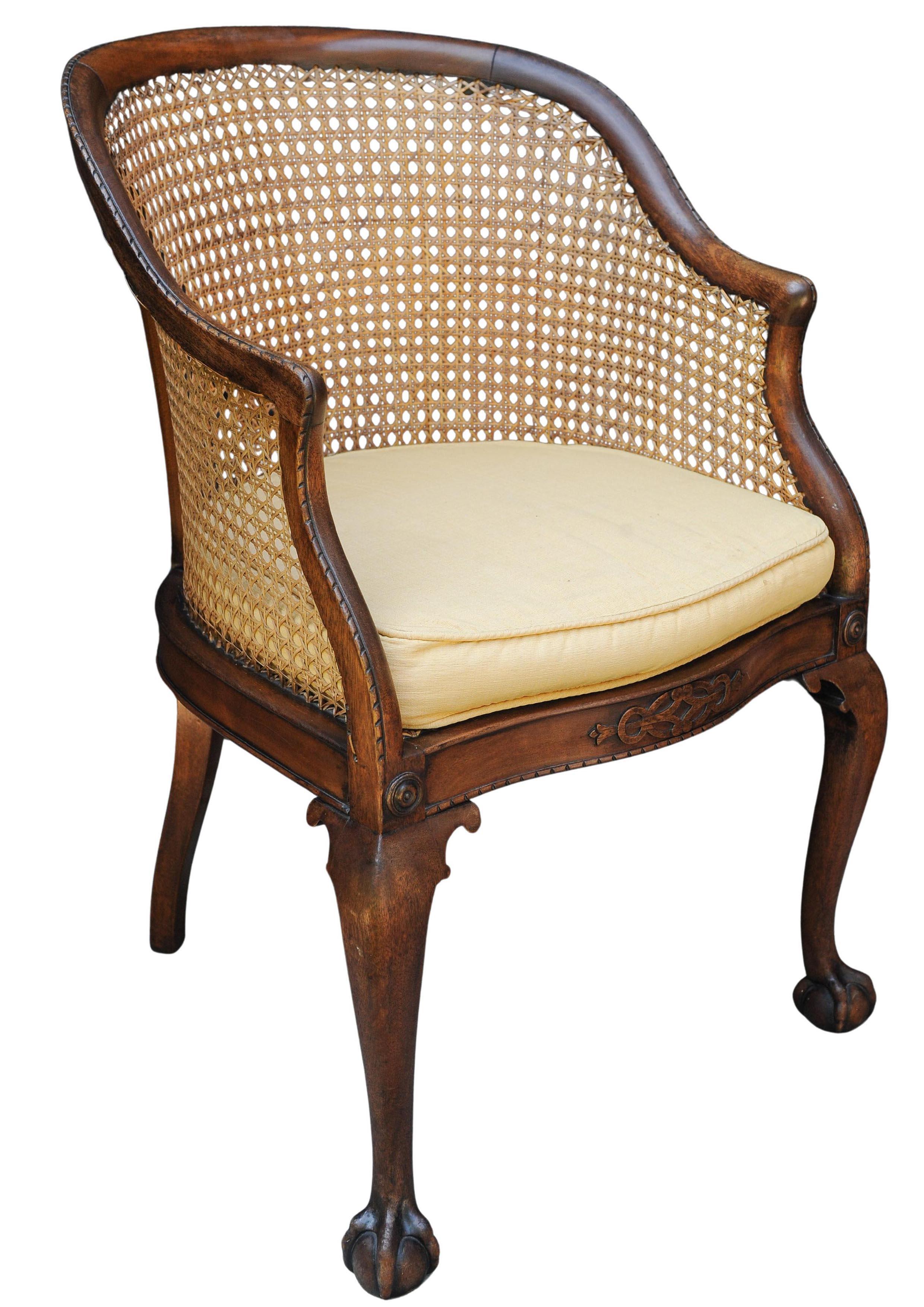 English 19th Century Antique Mahogany Cane Bergere Tub Chair On Claw & Ball Feet (Geflecht) im Angebot