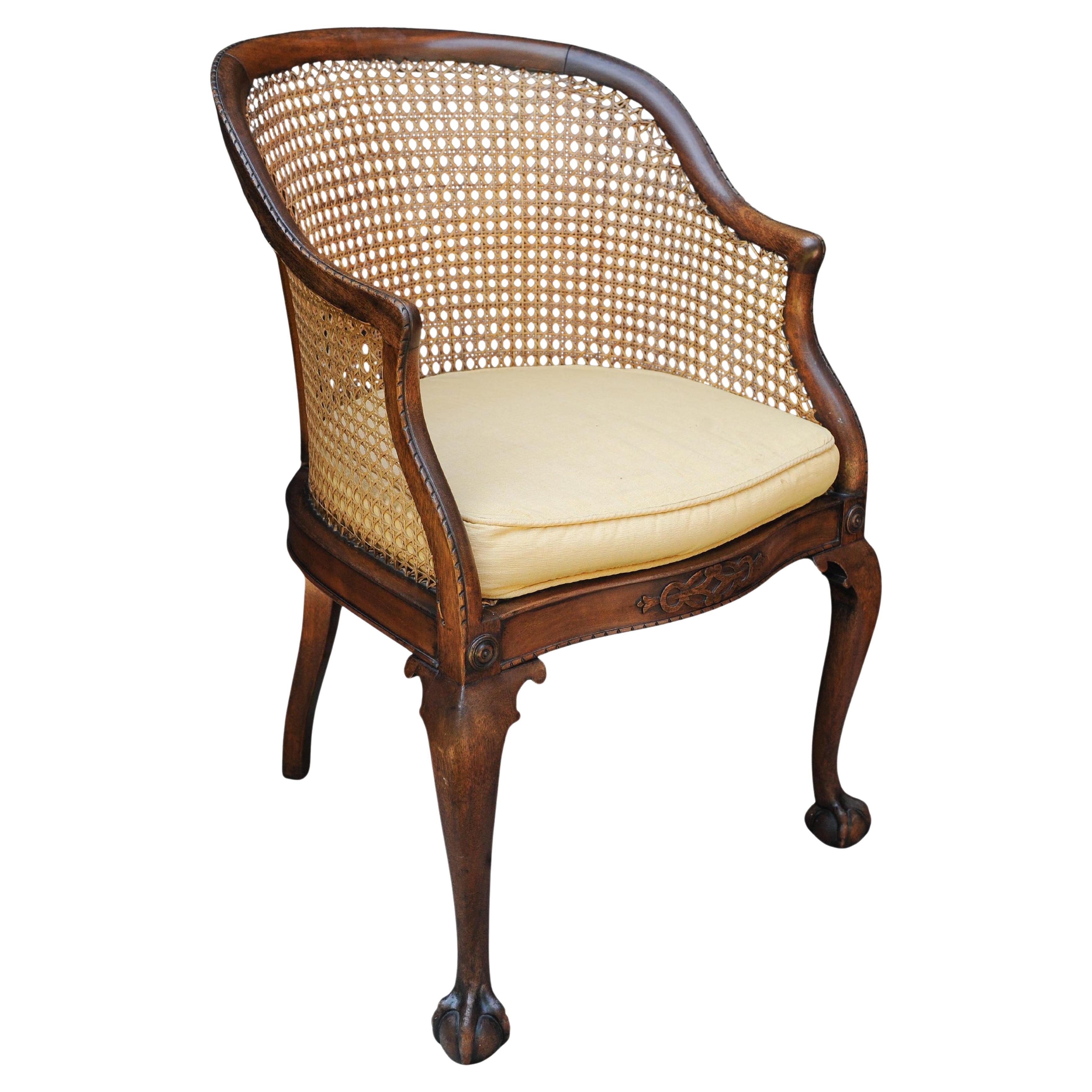 English 19th Century Antique Mahogany Cane Bergere Tub Chair On Claw & Ball Feet