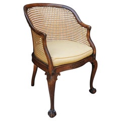 English 19th Century Antique Mahogany Cane Bergere Tub Chair On Claw & Ball Feet