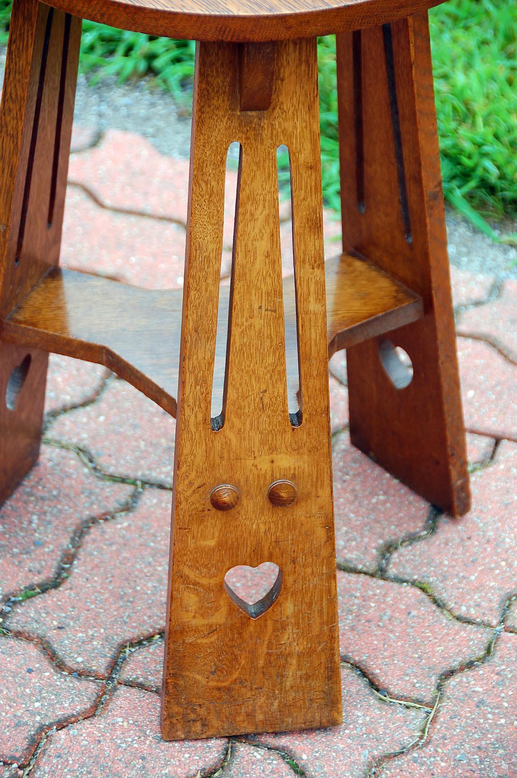 Arts and Crafts English 19th Century Arts & Crafts Period Oak Tripod Table Heart Motif to Legs