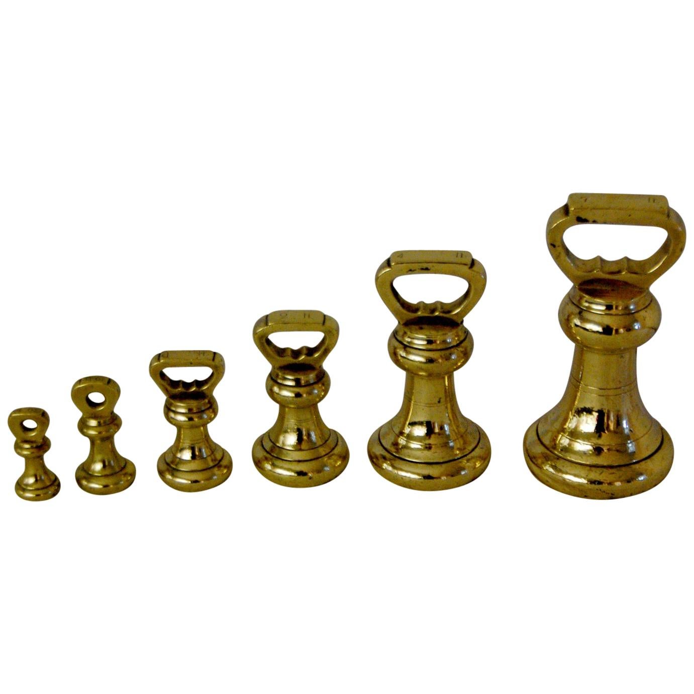 English 19th Century Assembled Set of Six Brass Bell Weights