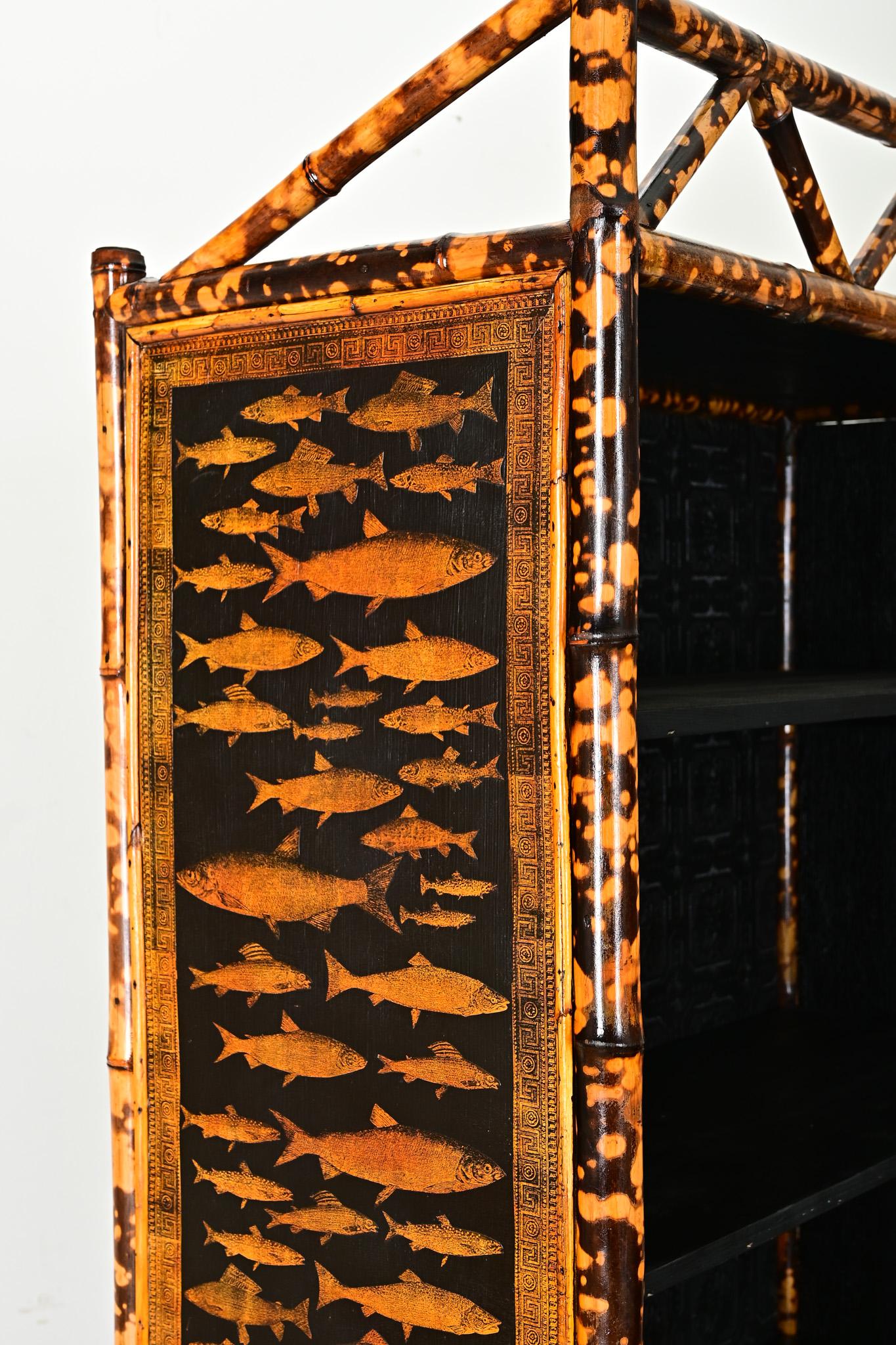 English 19th Century Bamboo Bookshelf with Recent Decoupage 4