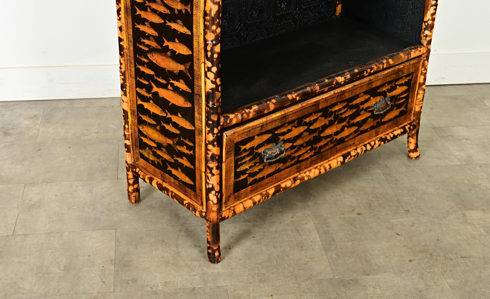 English 19th Century Bamboo Bookshelf with Recent Decoupage 5