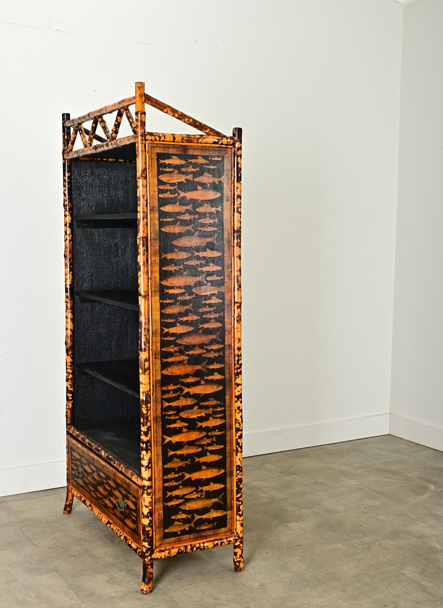 English 19th Century Bamboo Bookshelf with Recent Decoupage 9