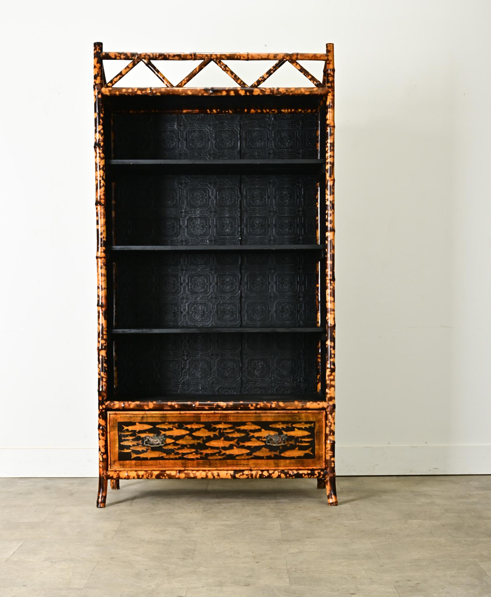 Victorian English 19th Century Bamboo Bookshelf with Recent Decoupage