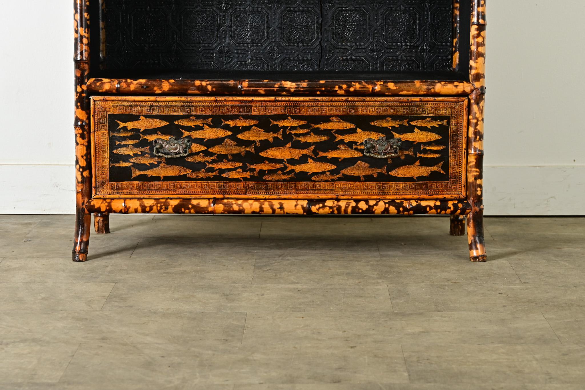 Découpage English 19th Century Bamboo Bookshelf with Recent Decoupage