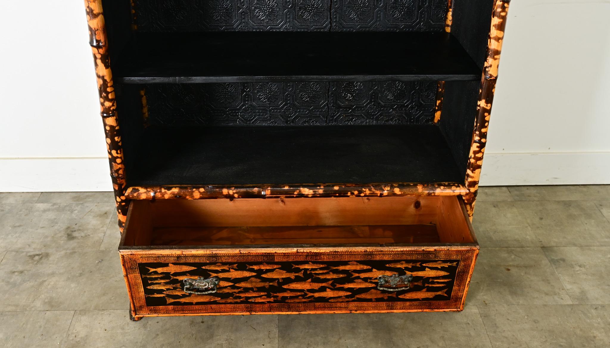 English 19th Century Bamboo Bookshelf with Recent Decoupage 1