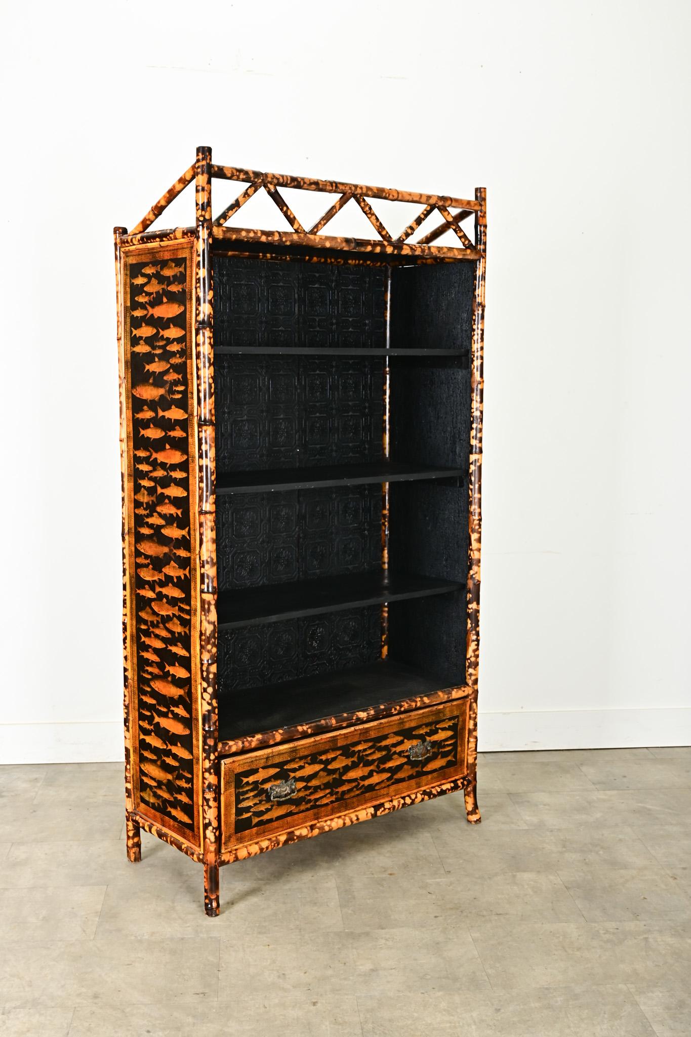 English 19th Century Bamboo Bookshelf with Recent Decoupage 2