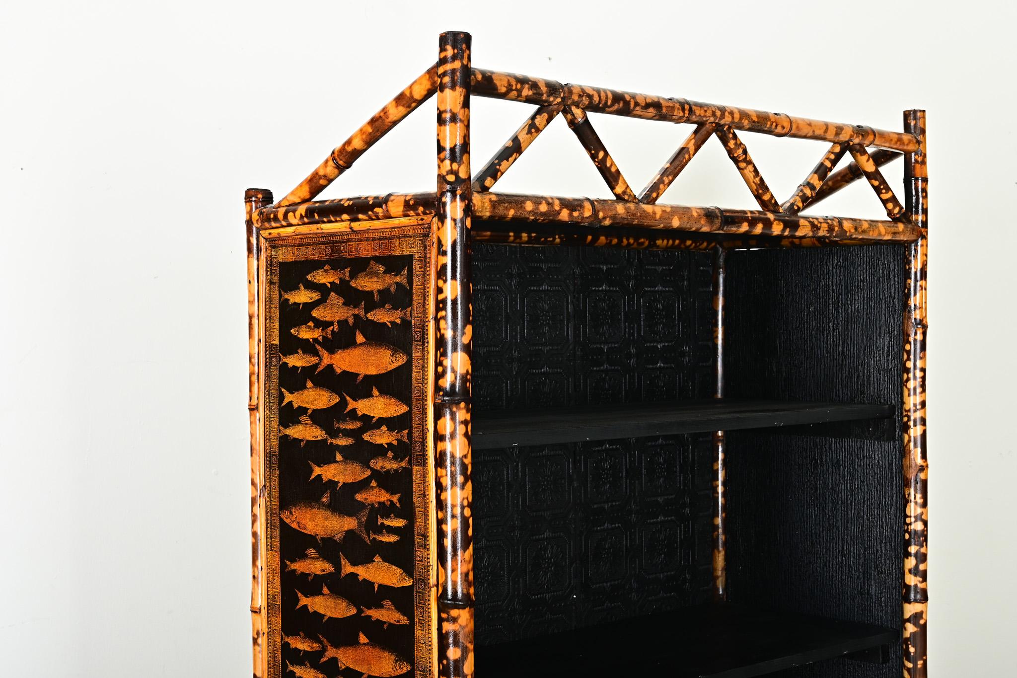 English 19th Century Bamboo Bookshelf with Recent Decoupage 3
