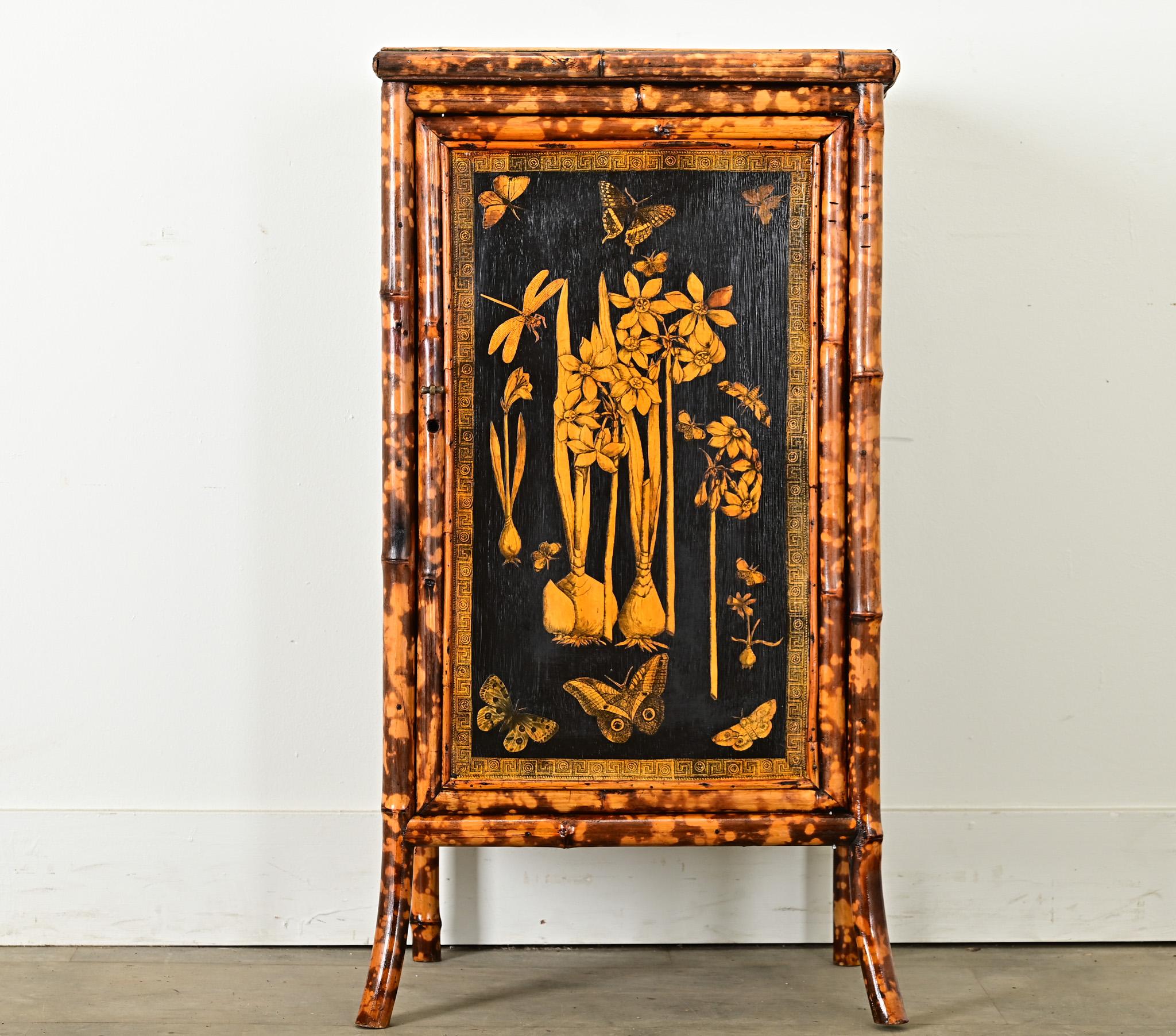Aesthetic Movement English 19th Century Bamboo Cabinet with Decoupage