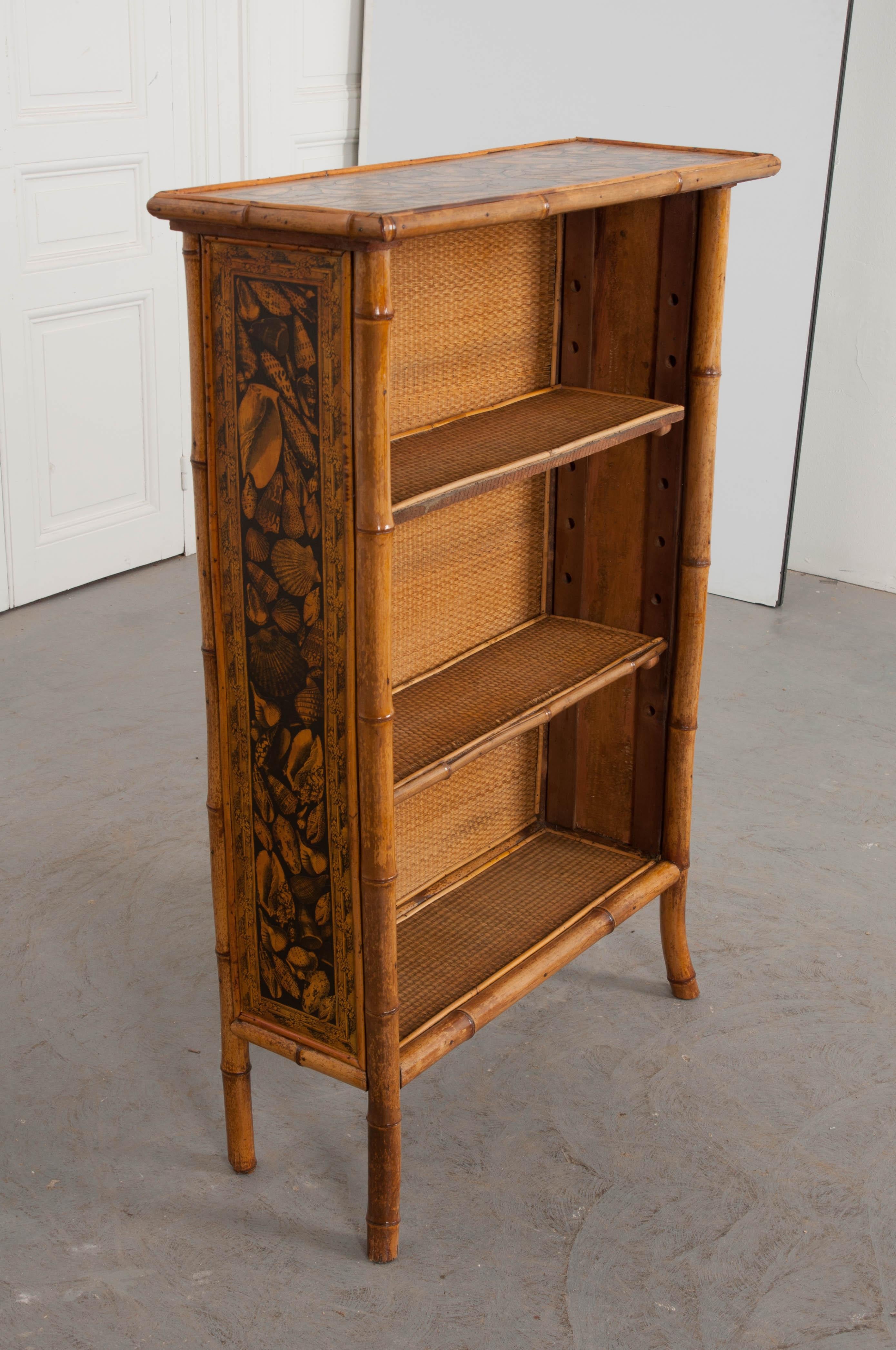 Victorian English 19th Century Bamboo Découpage Shell Bookcase