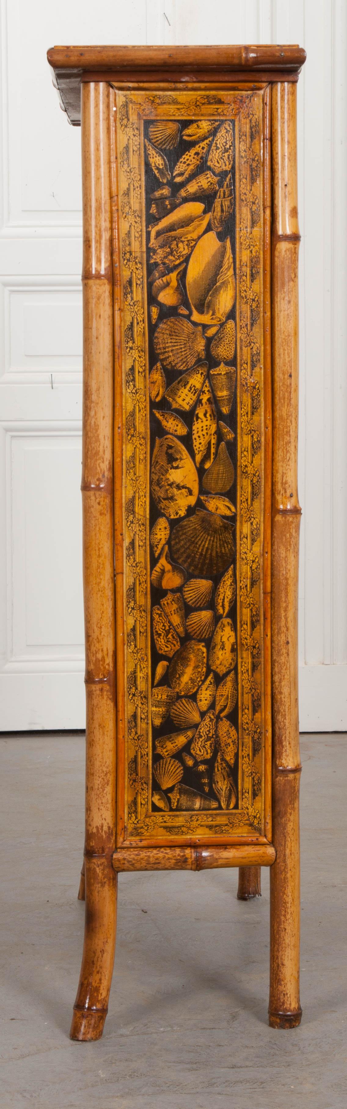 English 19th Century Bamboo Découpage Shell Bookcase 1