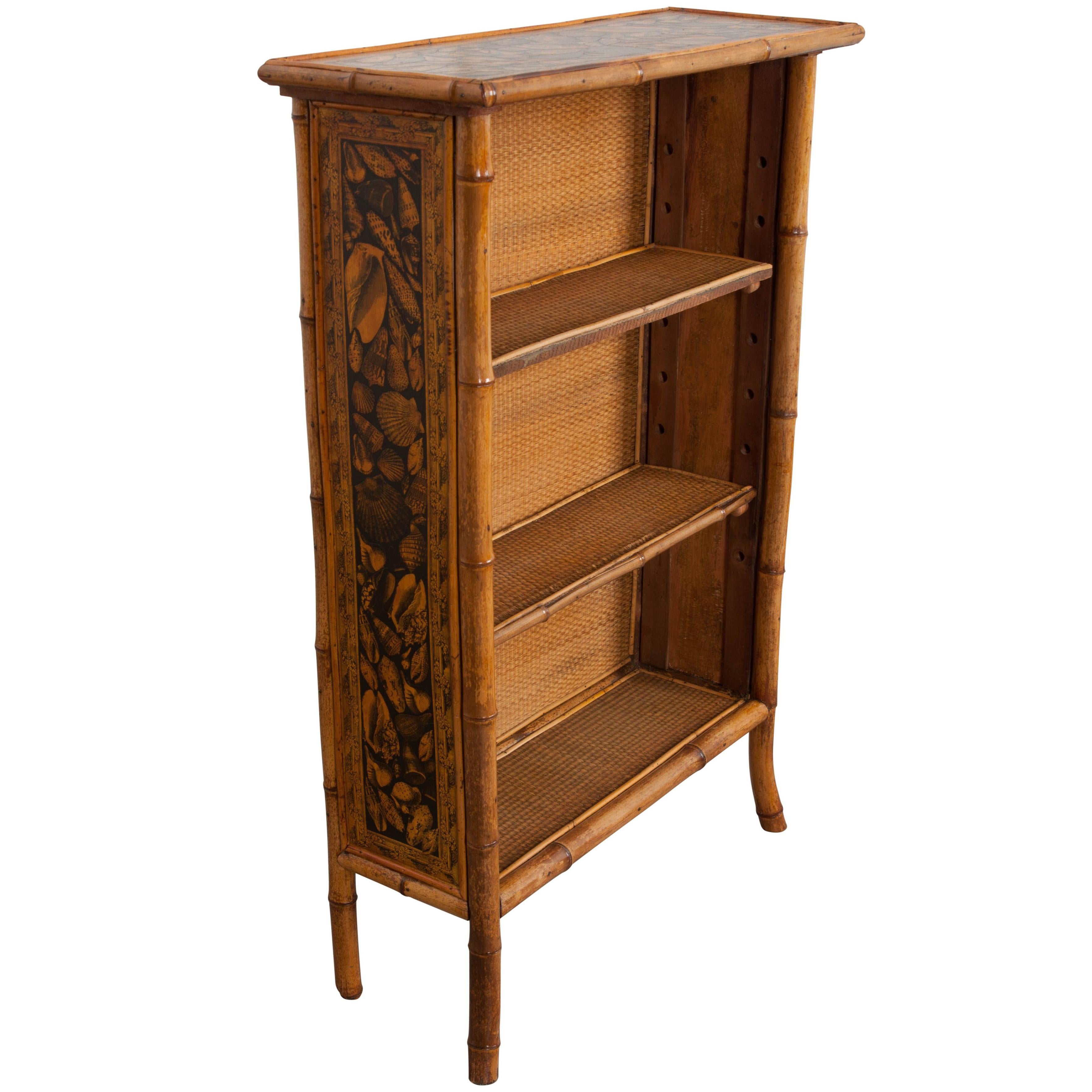 English 19th Century Bamboo Découpage Shell Bookcase