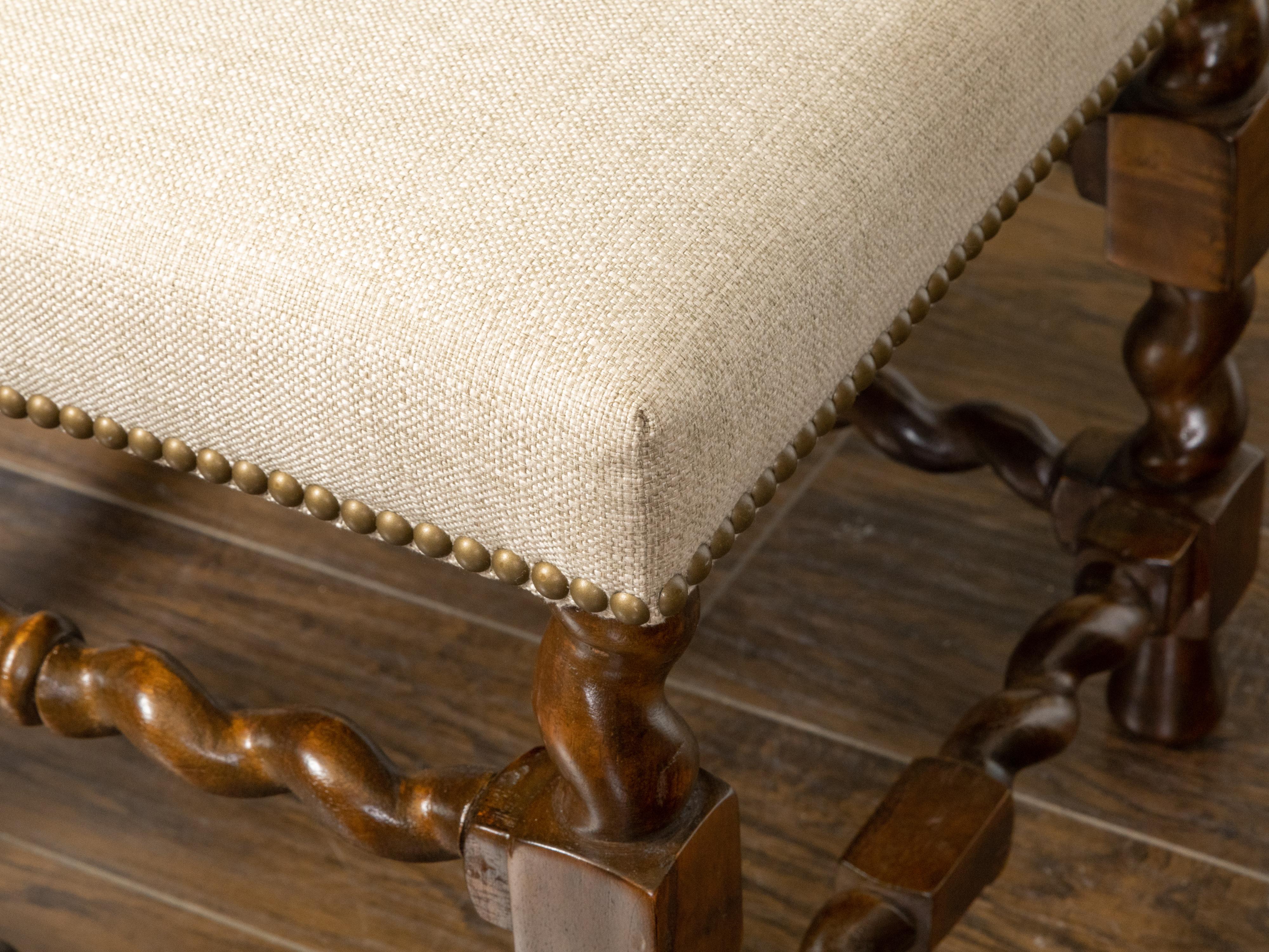 English 19th Century Barley Twist Stool with Linen Upholstery and Brass Nailhead For Sale 5