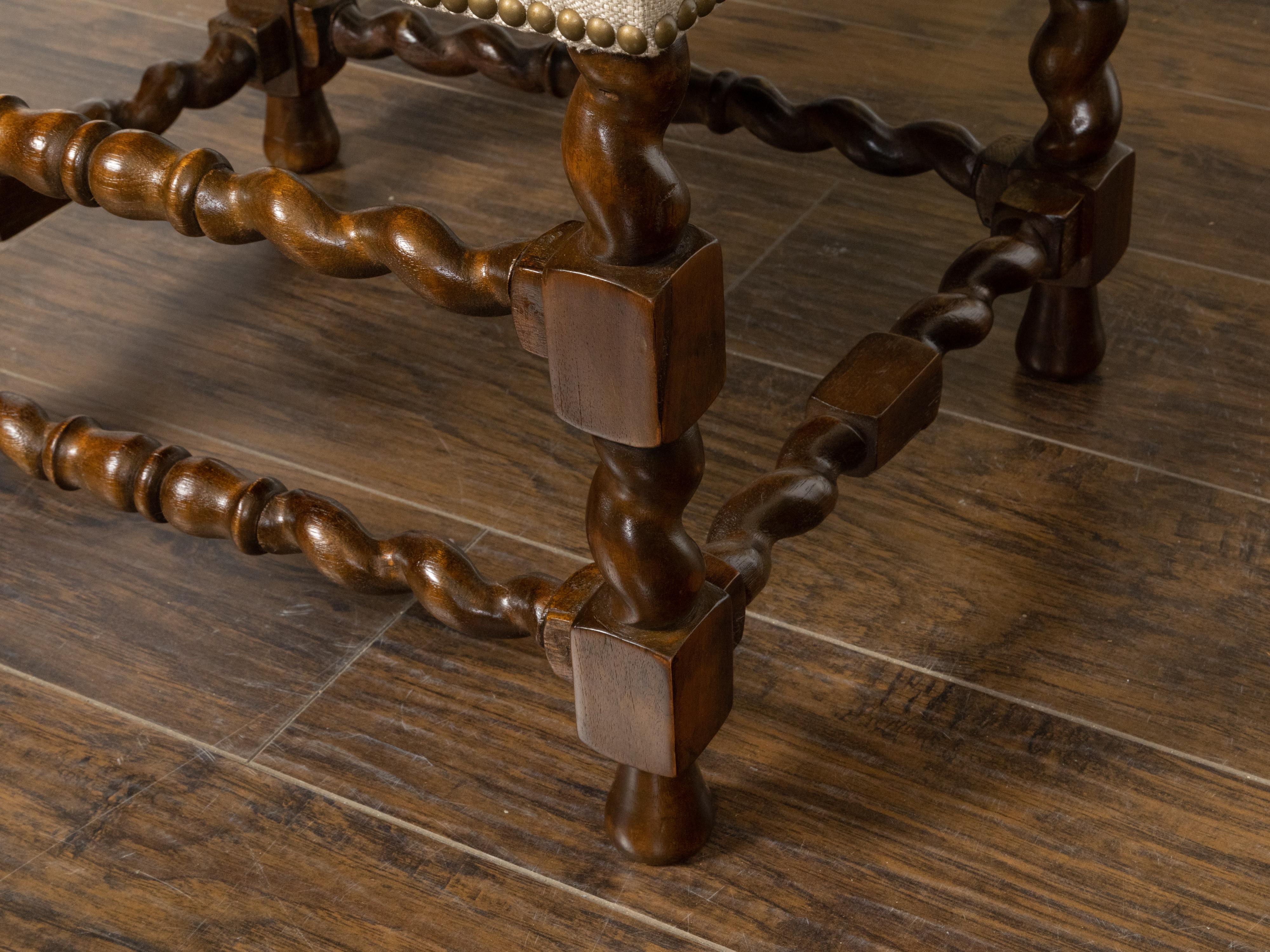 English 19th Century Barley Twist Stool with Linen Upholstery and Brass Nailhead For Sale 6