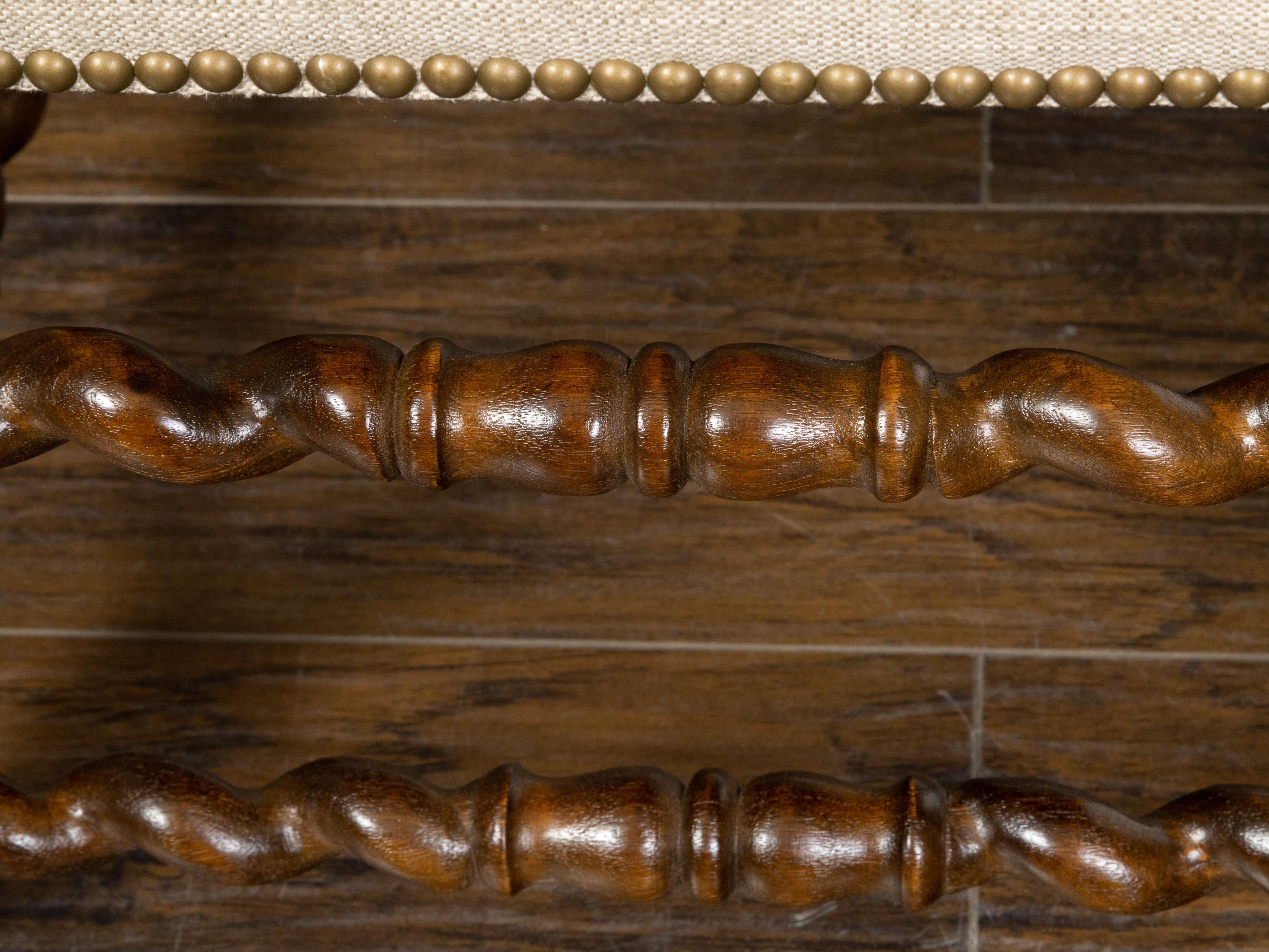 English 19th Century Barley Twist Stool with Linen Upholstery and Brass Nailhead For Sale 7