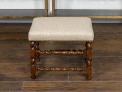English 19th Century Barley Twist Stool with Linen Upholstery and Brass Nailhead