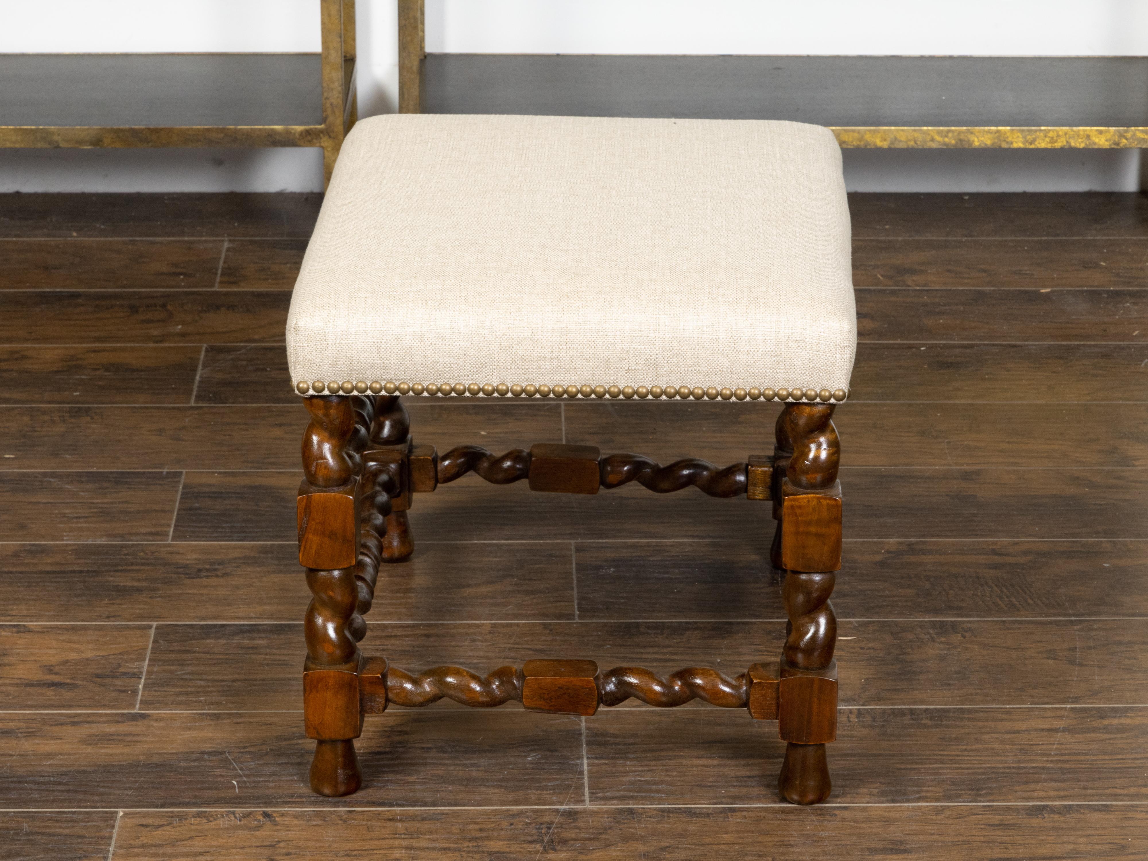 Turned English 19th Century Barley Twist Stool with Linen Upholstery and Brass Nailhead For Sale