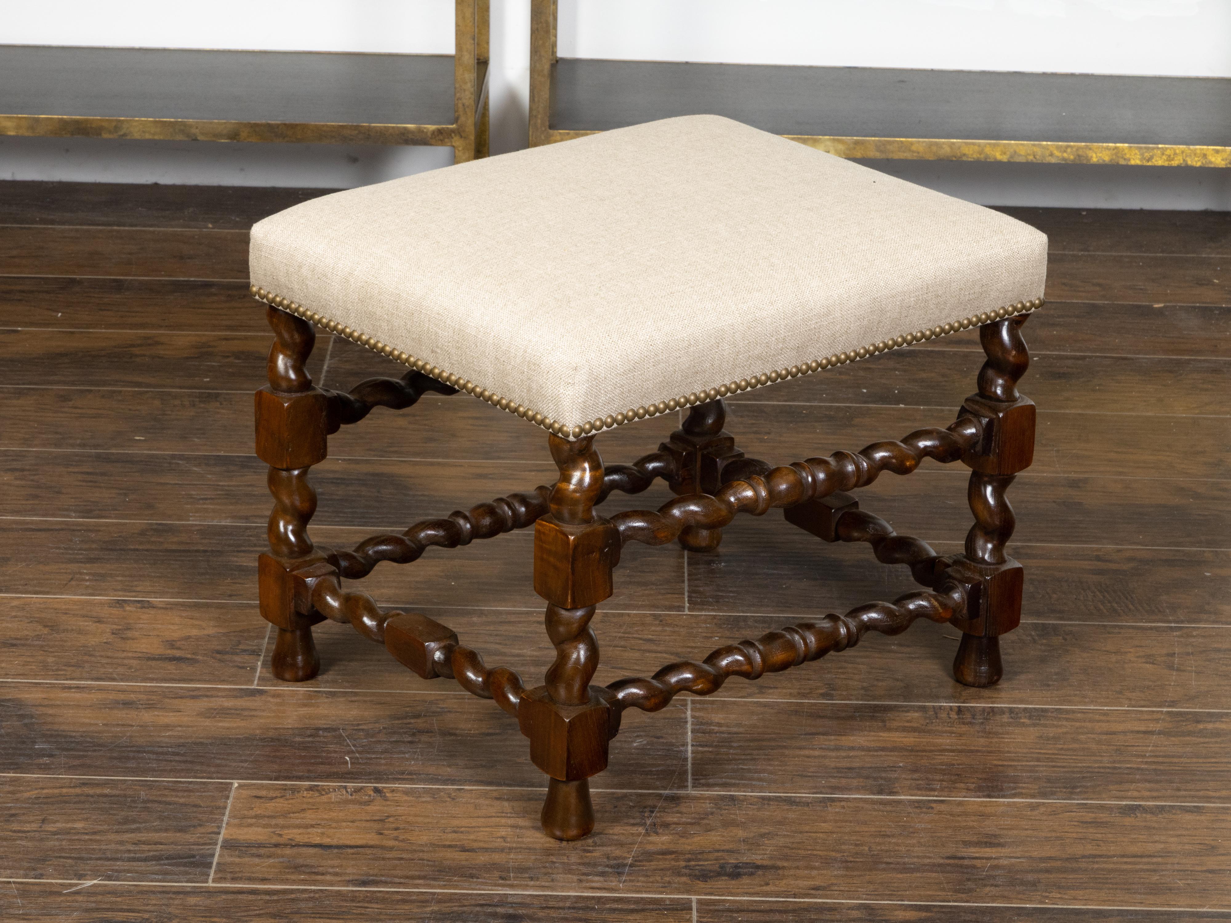 English 19th Century Barley Twist Stool with Linen Upholstery and Brass Nailhead In Good Condition For Sale In Atlanta, GA