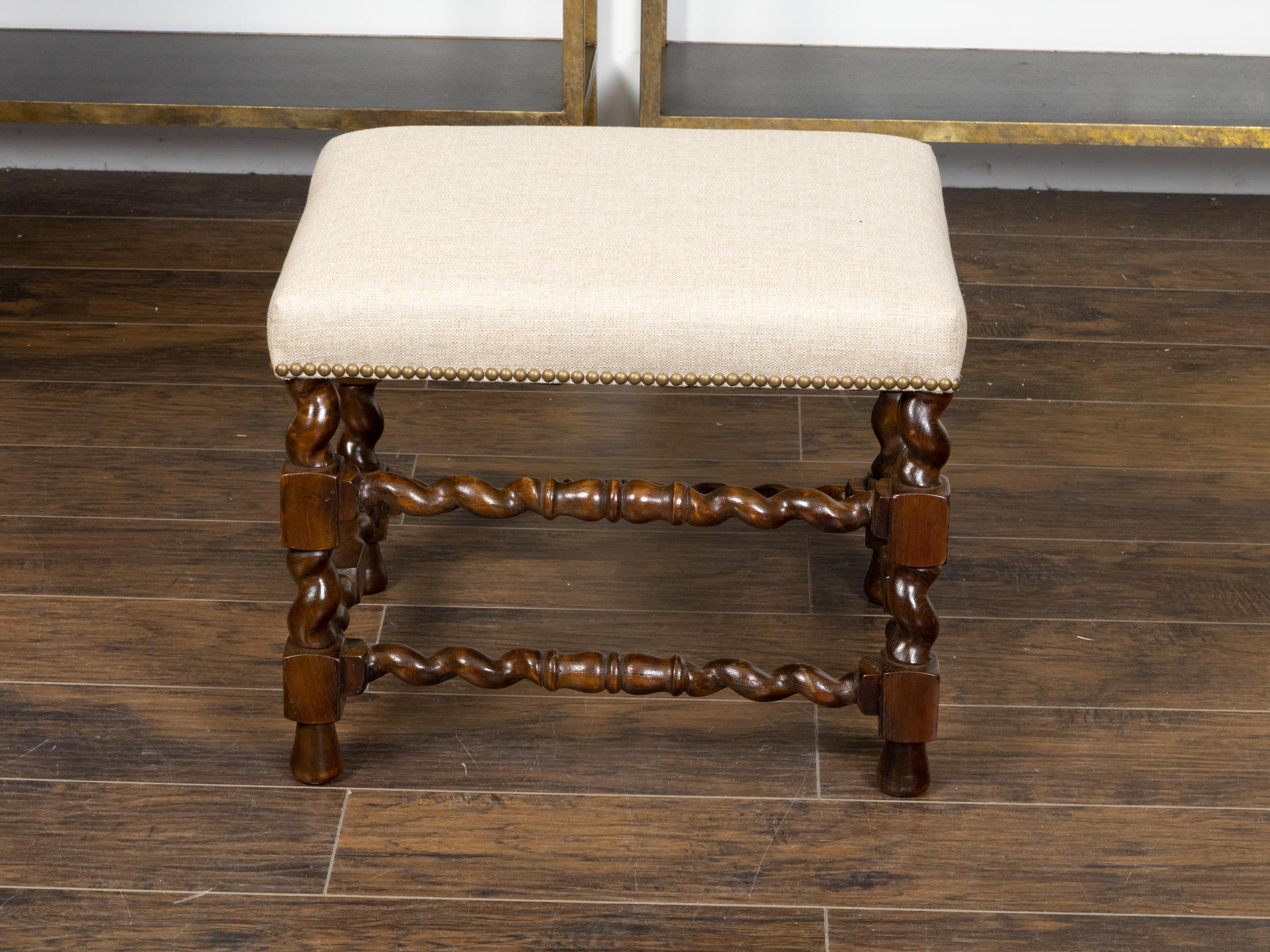 English 19th Century Barley Twist Stool with Linen Upholstery and Brass Nailhead For Sale 1