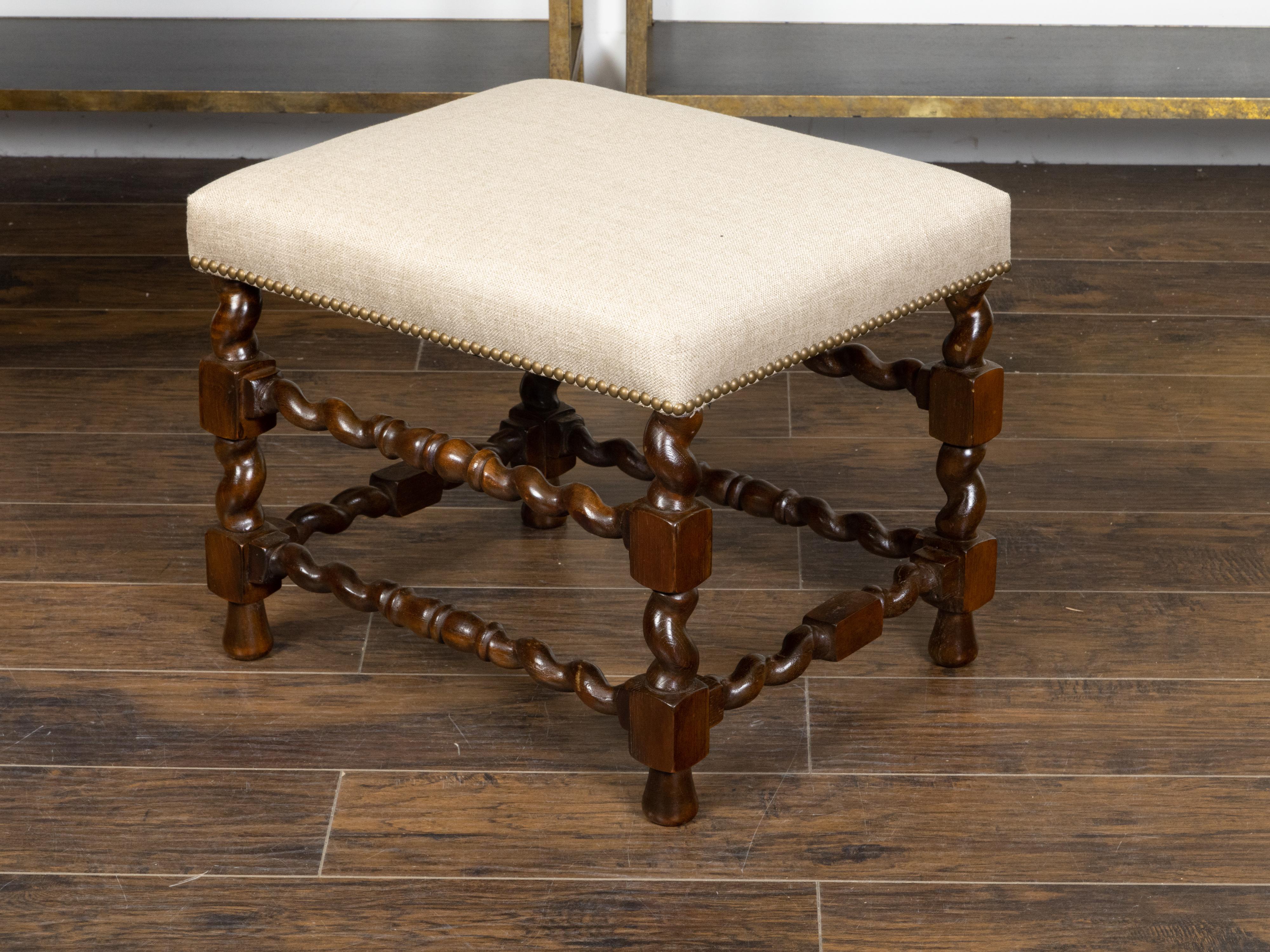English 19th Century Barley Twist Stool with Linen Upholstery and Brass Nailhead For Sale 2