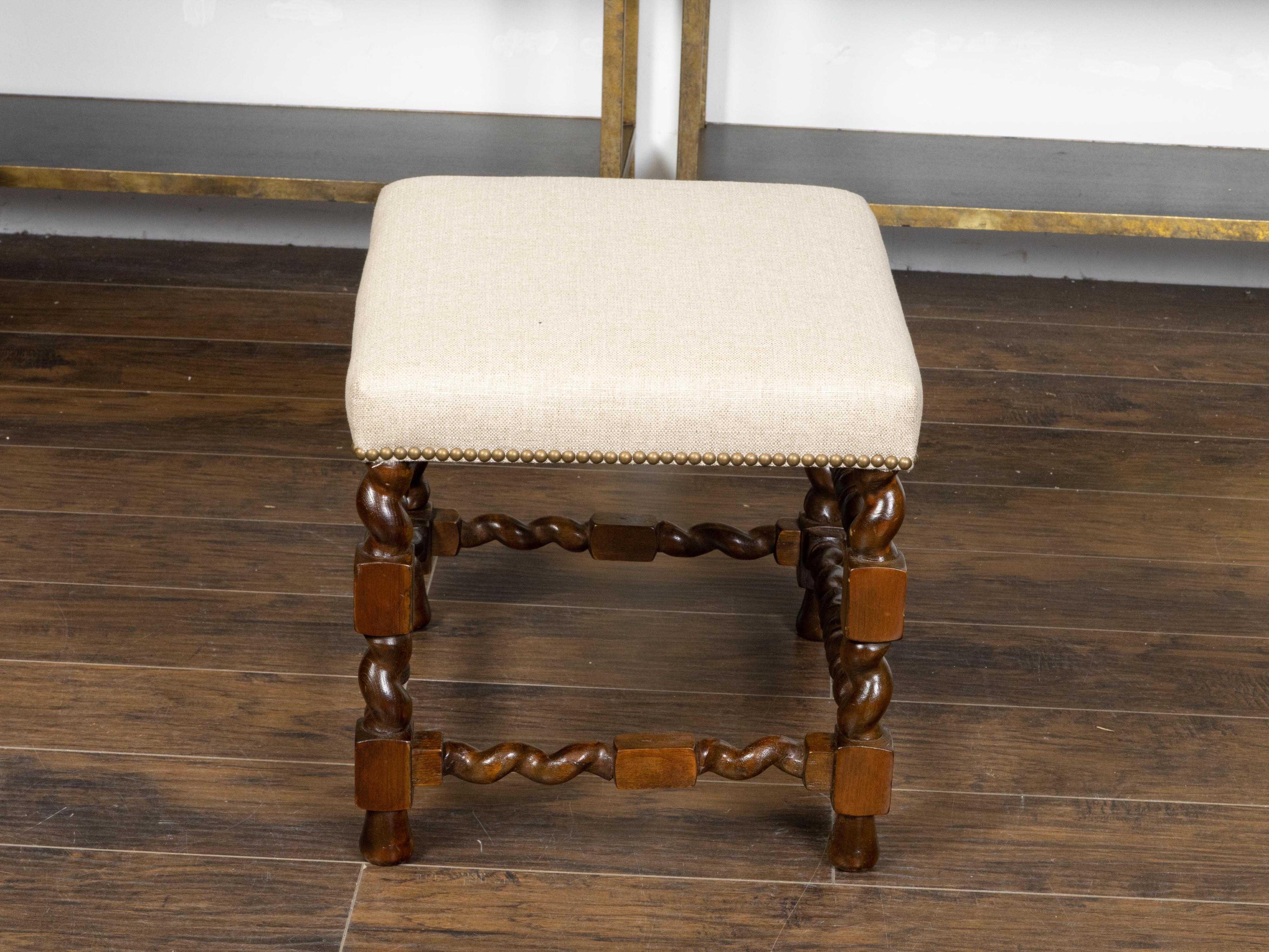 English 19th Century Barley Twist Stool with Linen Upholstery and Brass Nailhead For Sale 3
