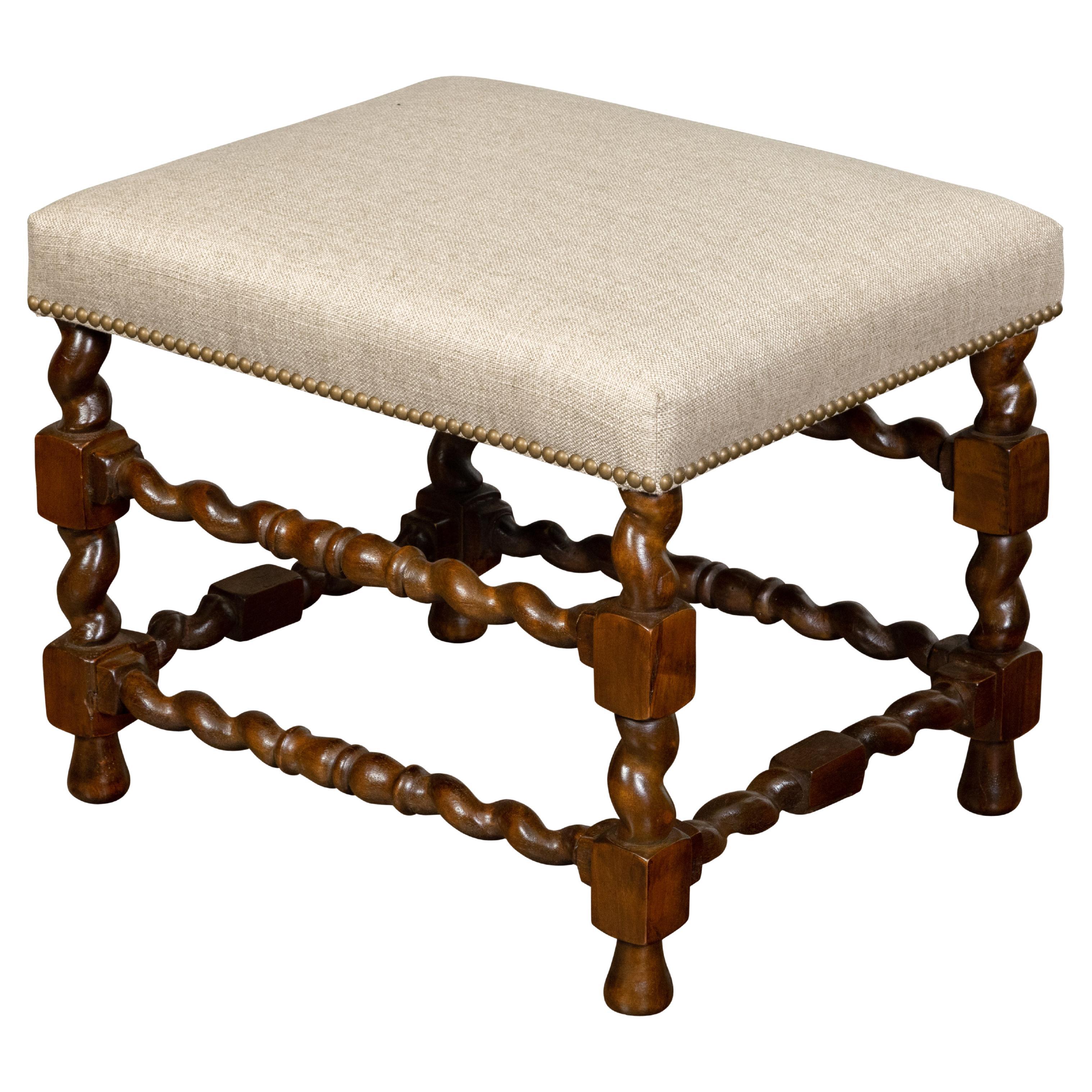 English 19th Century Barley Twist Stool with Linen Upholstery and Brass Nailhead