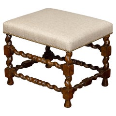 Antique English 19th Century Barley Twist Stool with Linen Upholstery and Brass Nailhead