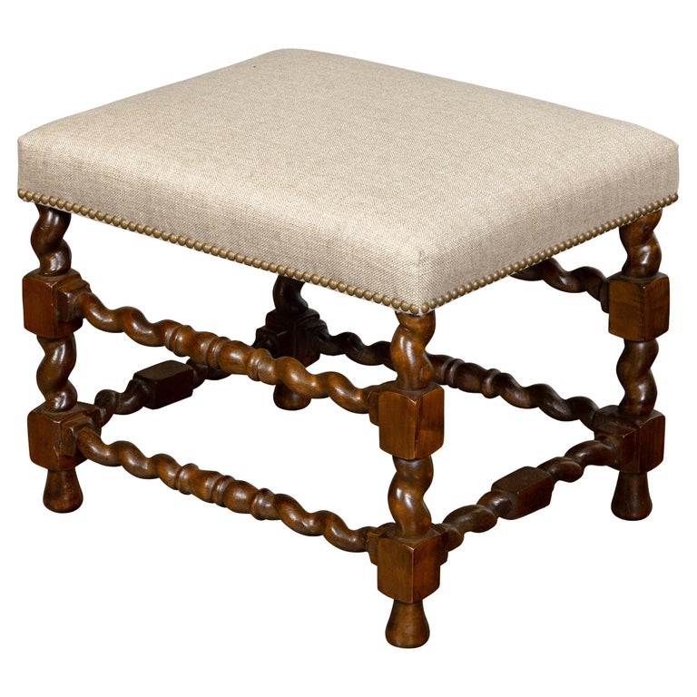 English 19th Century Barley Twist Stool with Linen Upholstery and Brass Nailhead For Sale at 1stDibs