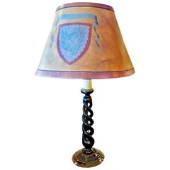 English 19th Century Barley Twist Table Lamp with Painted Leather Shade