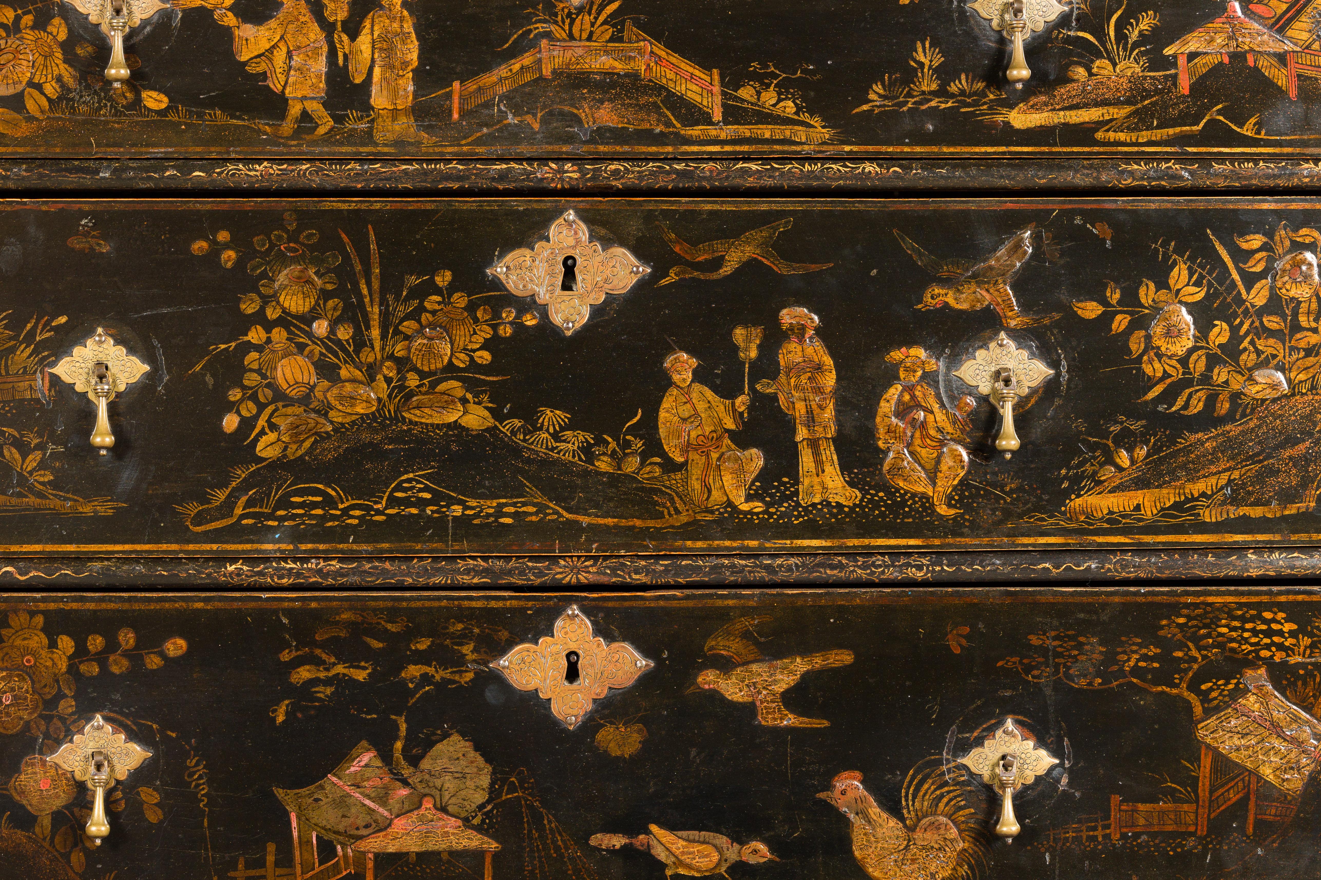 English 19th Century Black and Gold Chinoiserie Highboy with Eight Drawers 5
