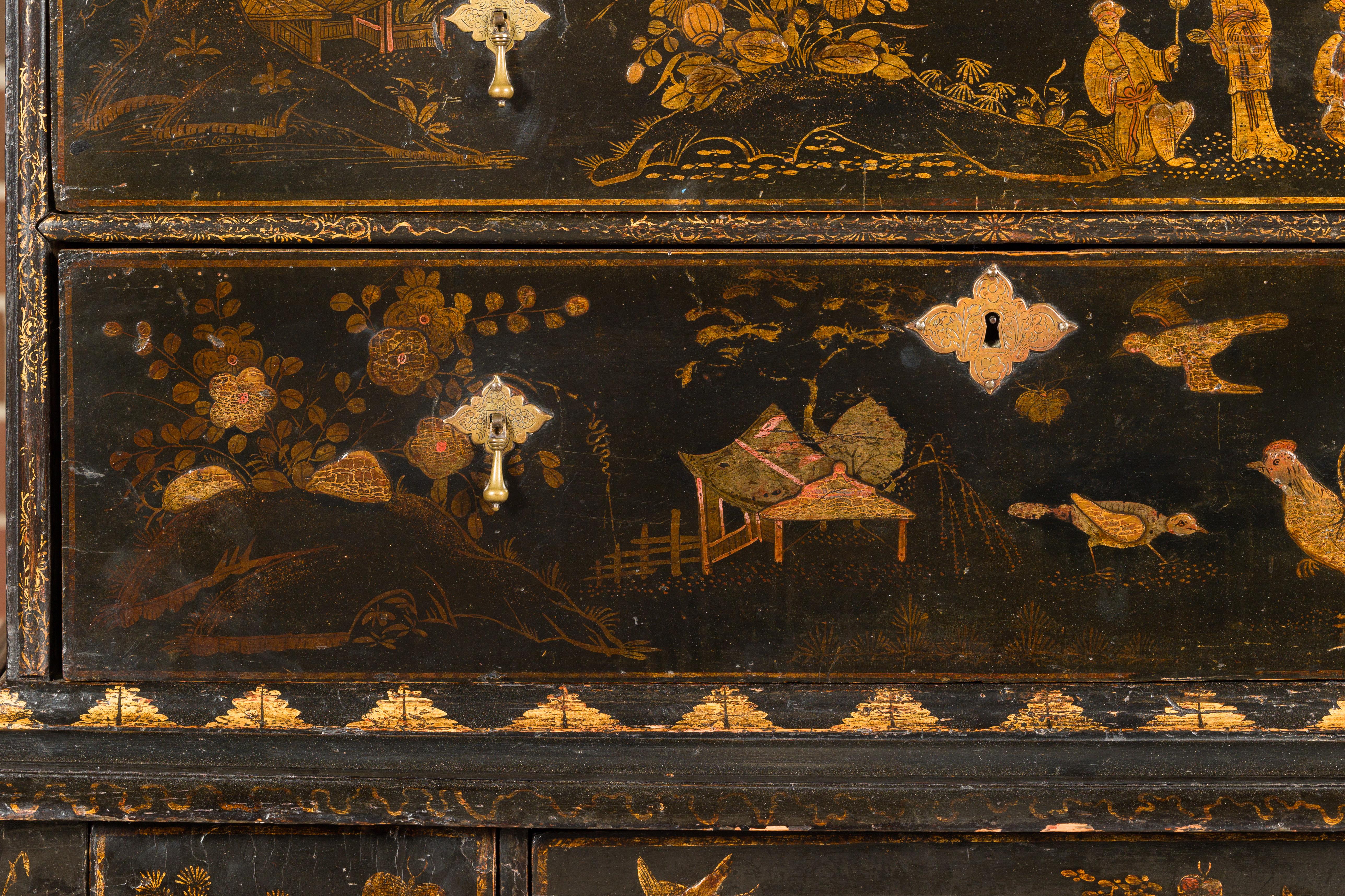 English 19th Century Black and Gold Chinoiserie Highboy with Eight Drawers 6