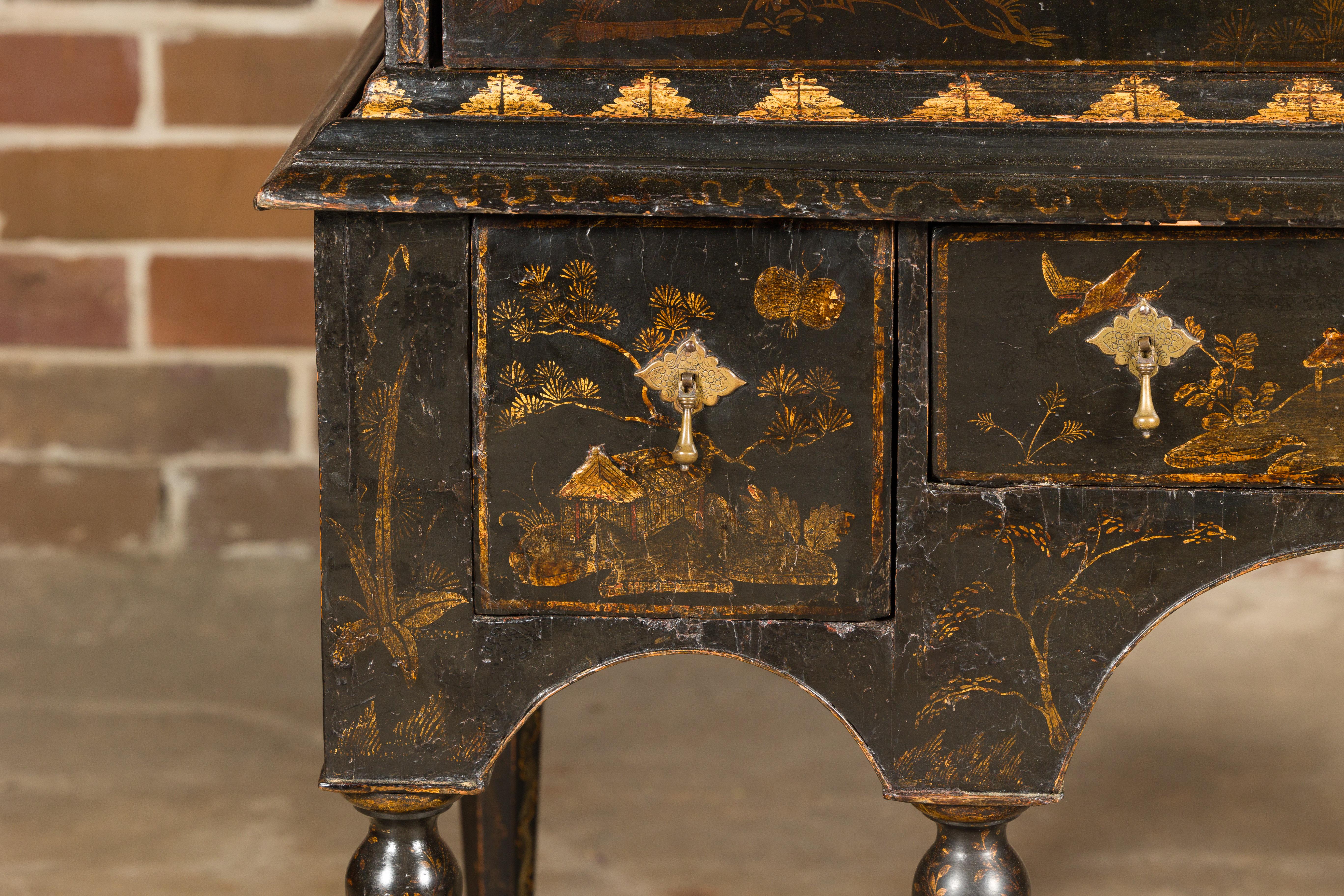 English 19th Century Black and Gold Chinoiserie Highboy with Eight Drawers 7