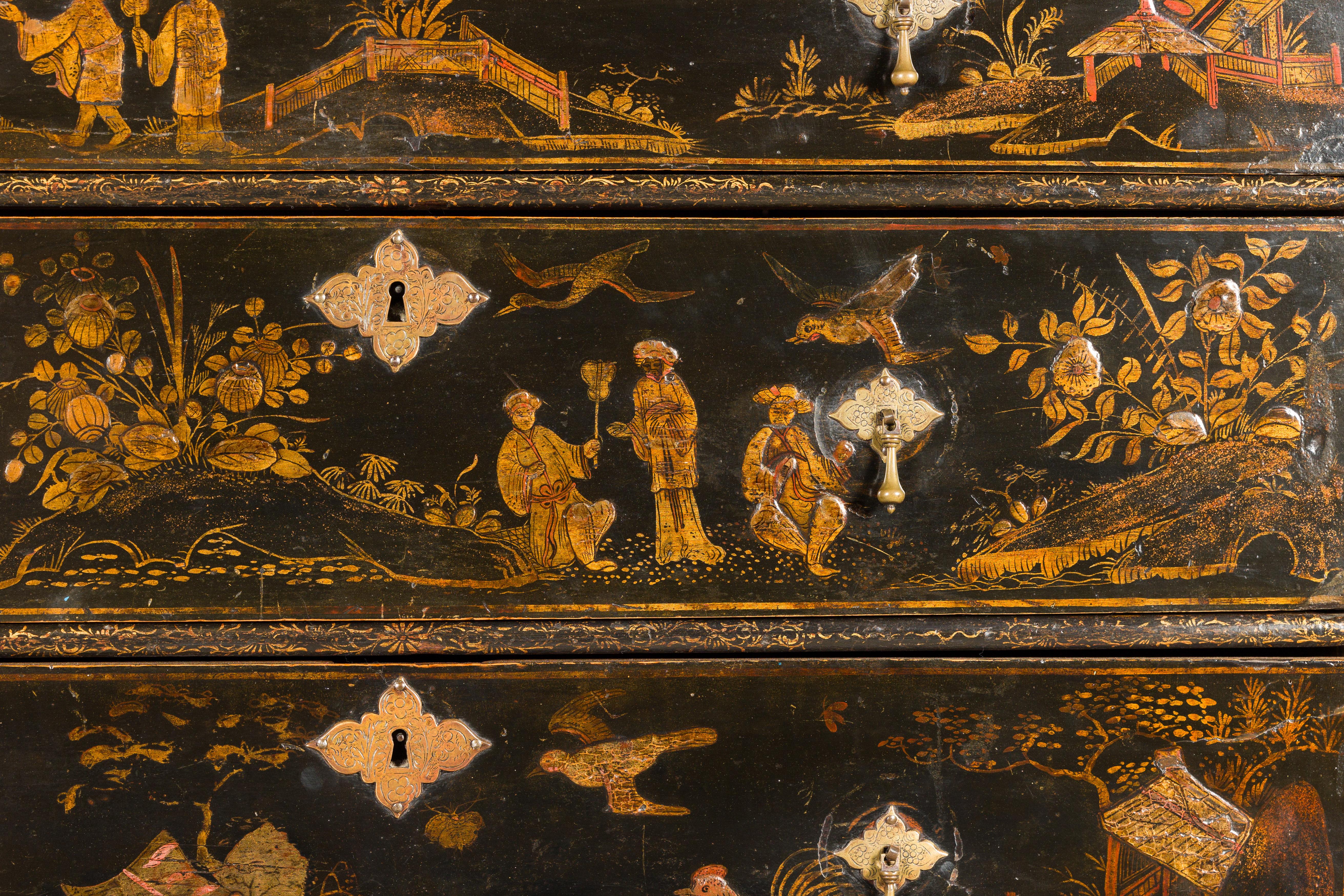 English 19th Century Black and Gold Chinoiserie Highboy with Eight Drawers 8