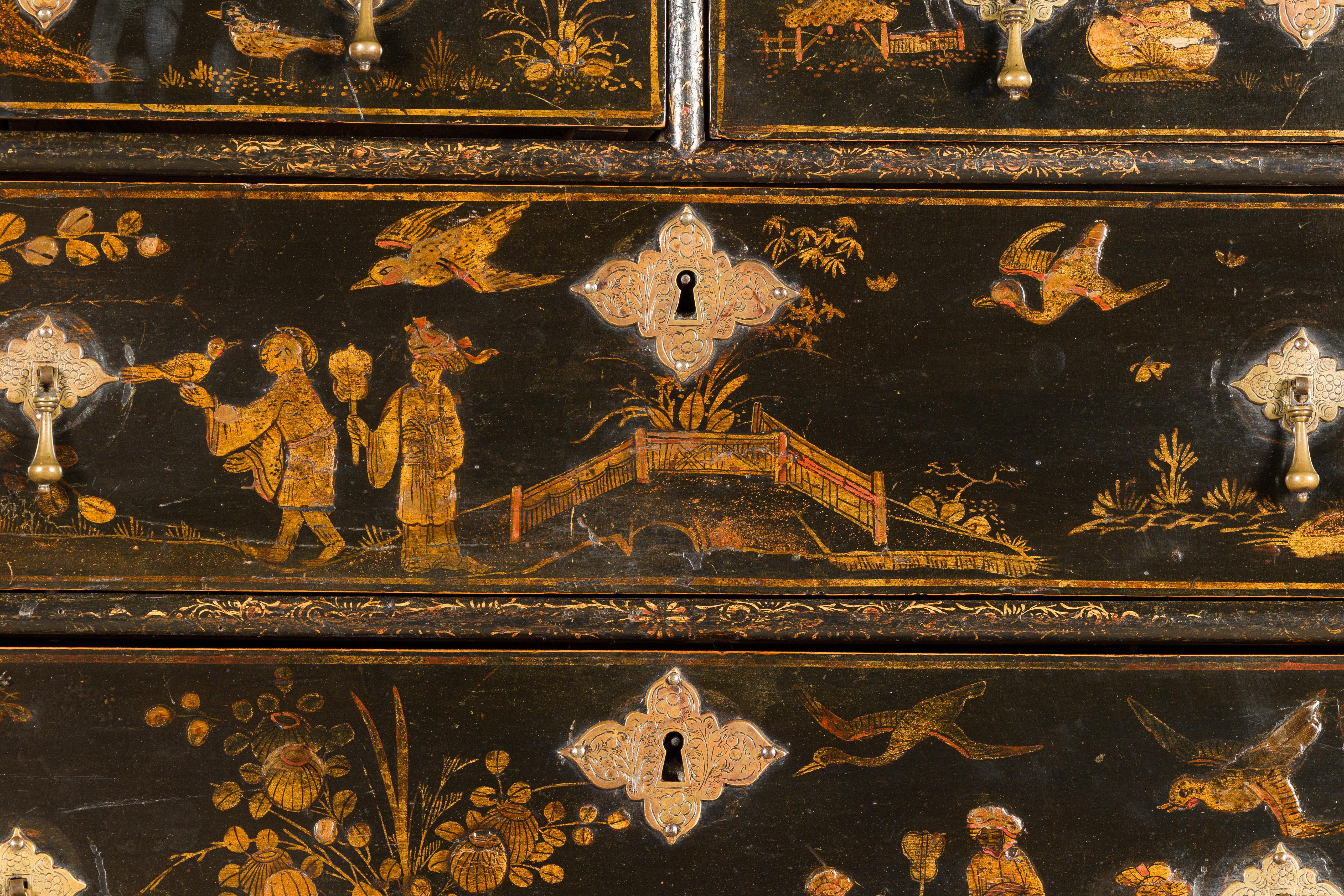 English 19th Century Black and Gold Chinoiserie Highboy with Eight Drawers 9