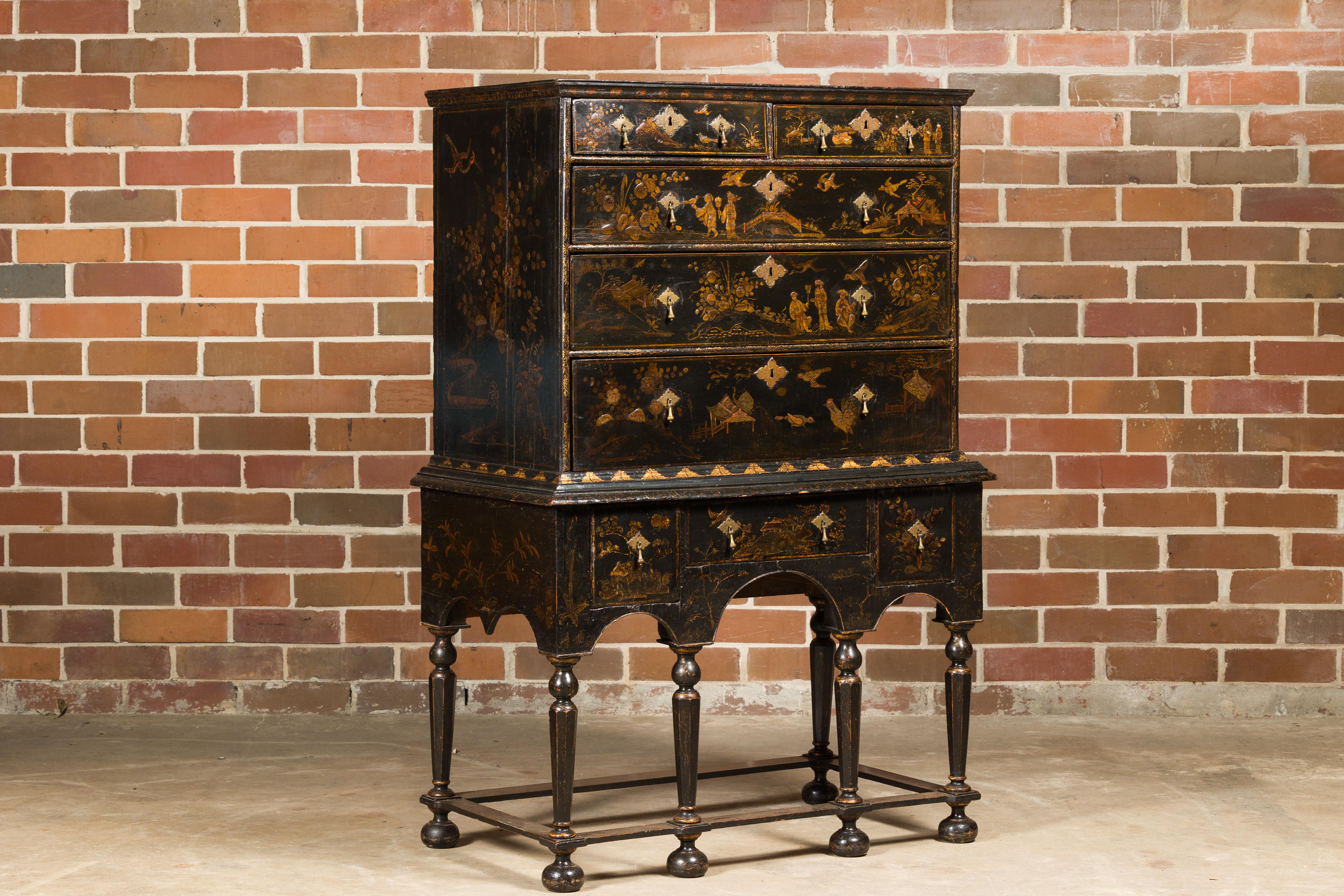 English 19th Century Black and Gold Chinoiserie Highboy with Eight Drawers 10