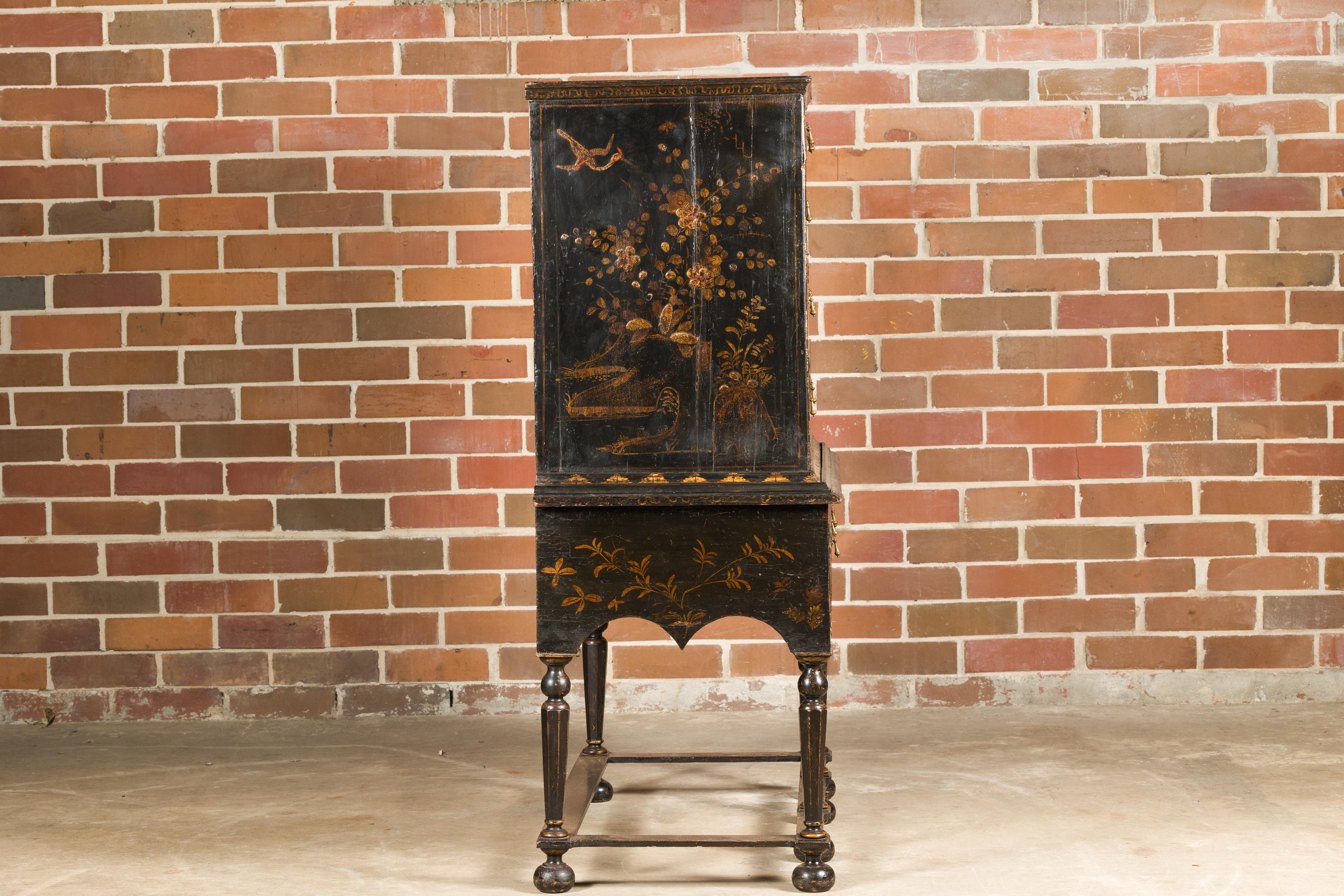 English 19th Century Black and Gold Chinoiserie Highboy with Eight Drawers 11