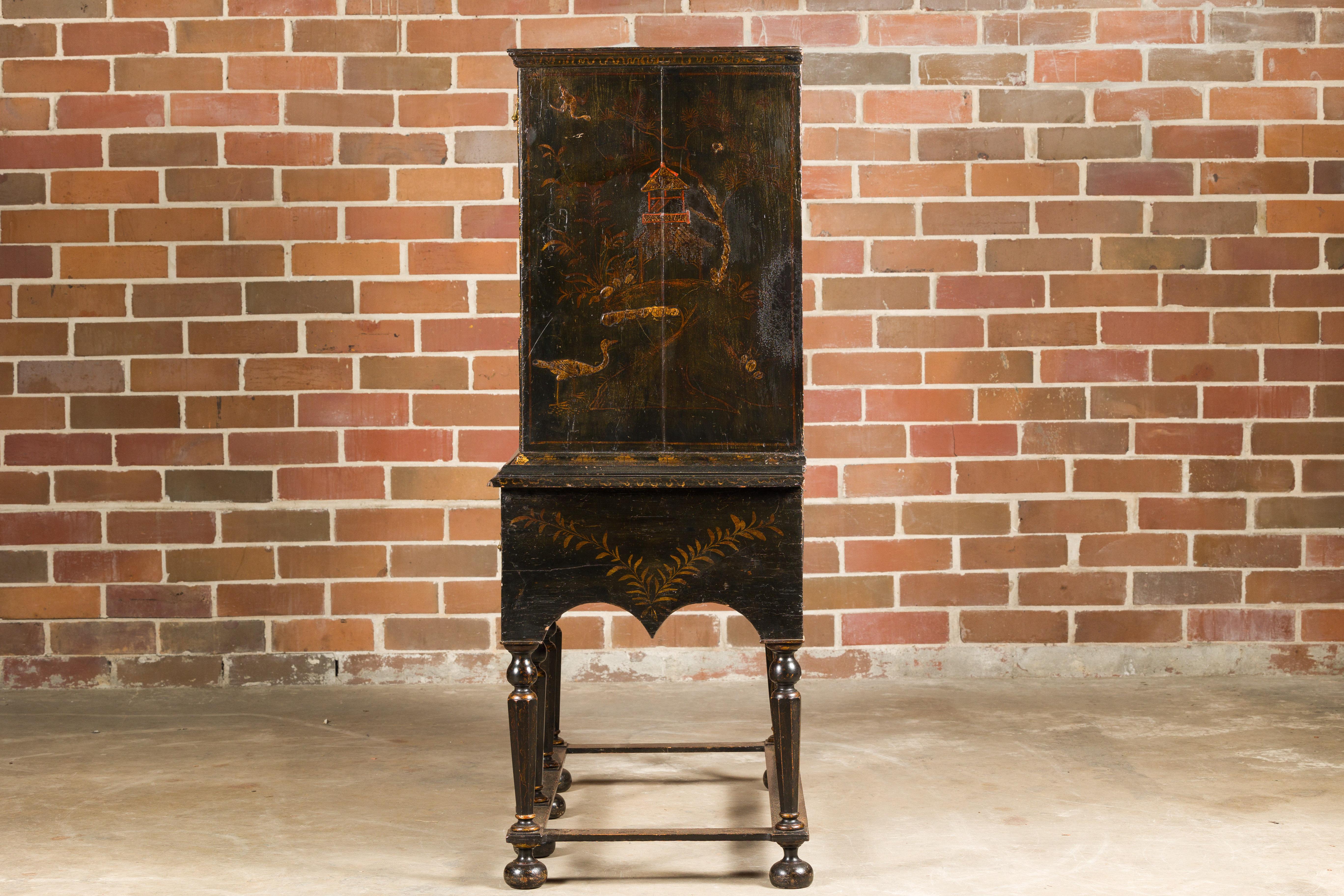 English 19th Century Black and Gold Chinoiserie Highboy with Eight Drawers 13